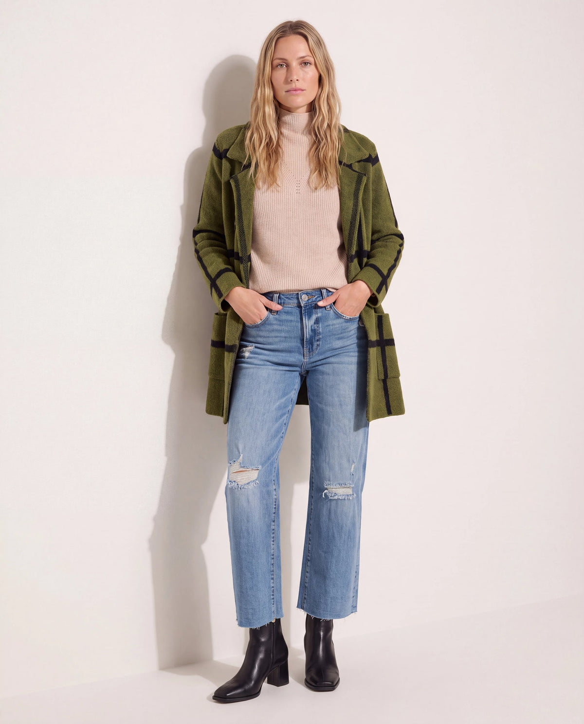 Olive/Black $|& OneWorld Plaid Sweater Coatigan - SOF Back