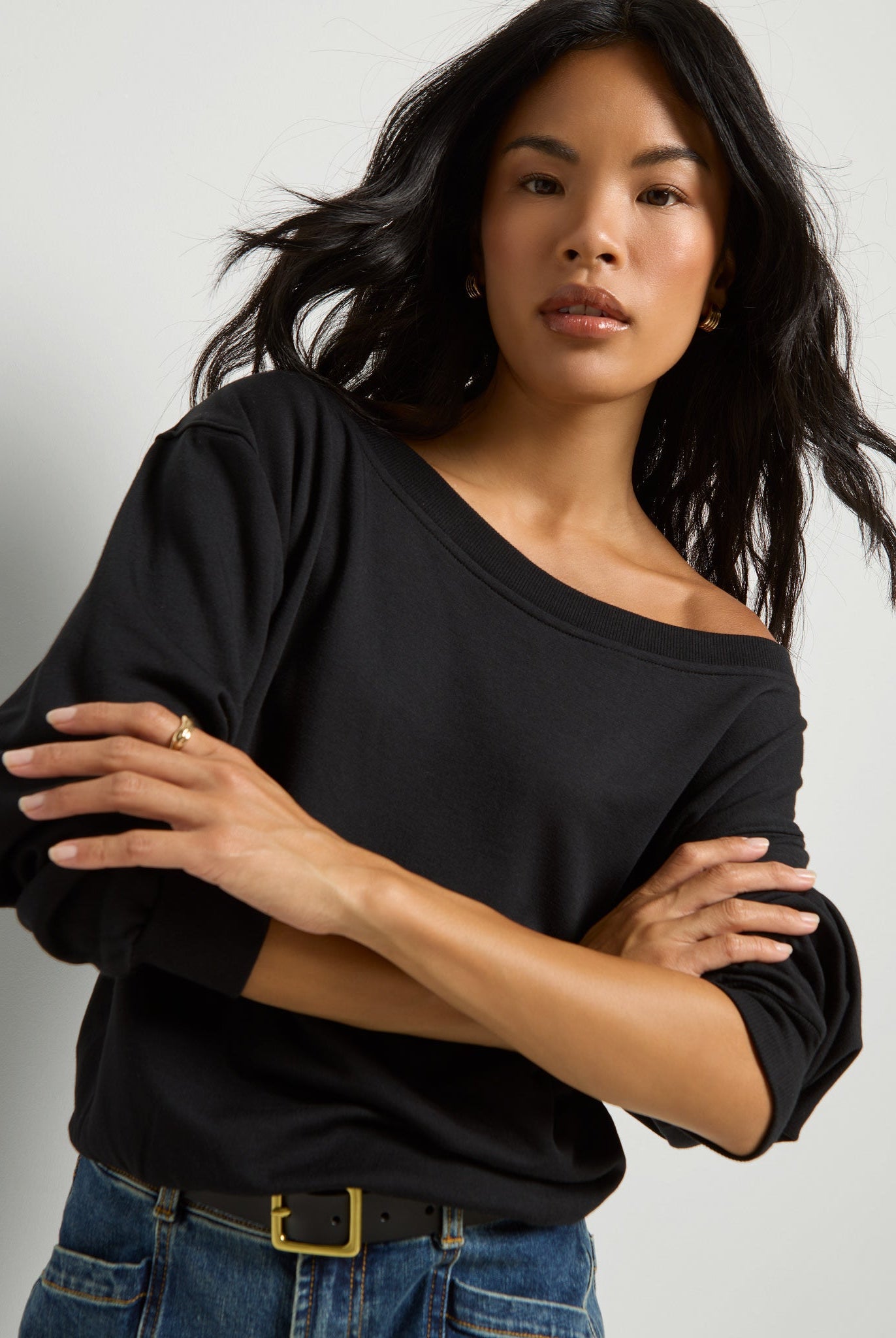 Black $|& SEAS Brooksville One Shoulder Sweatshirt - SOF Full Front