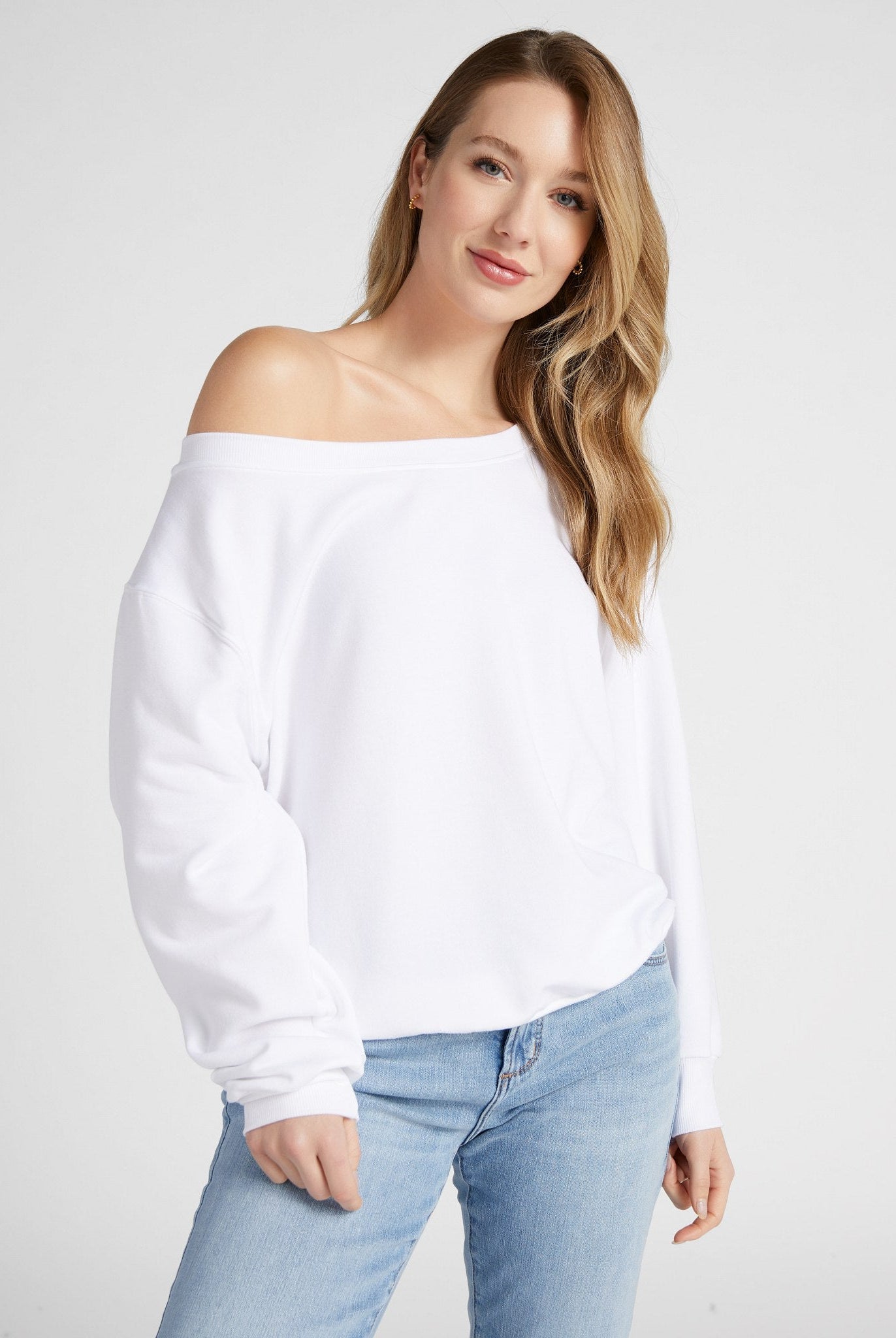 White $|& SEAS Brooksville One Shoulder Sweatshirt - SOF Front