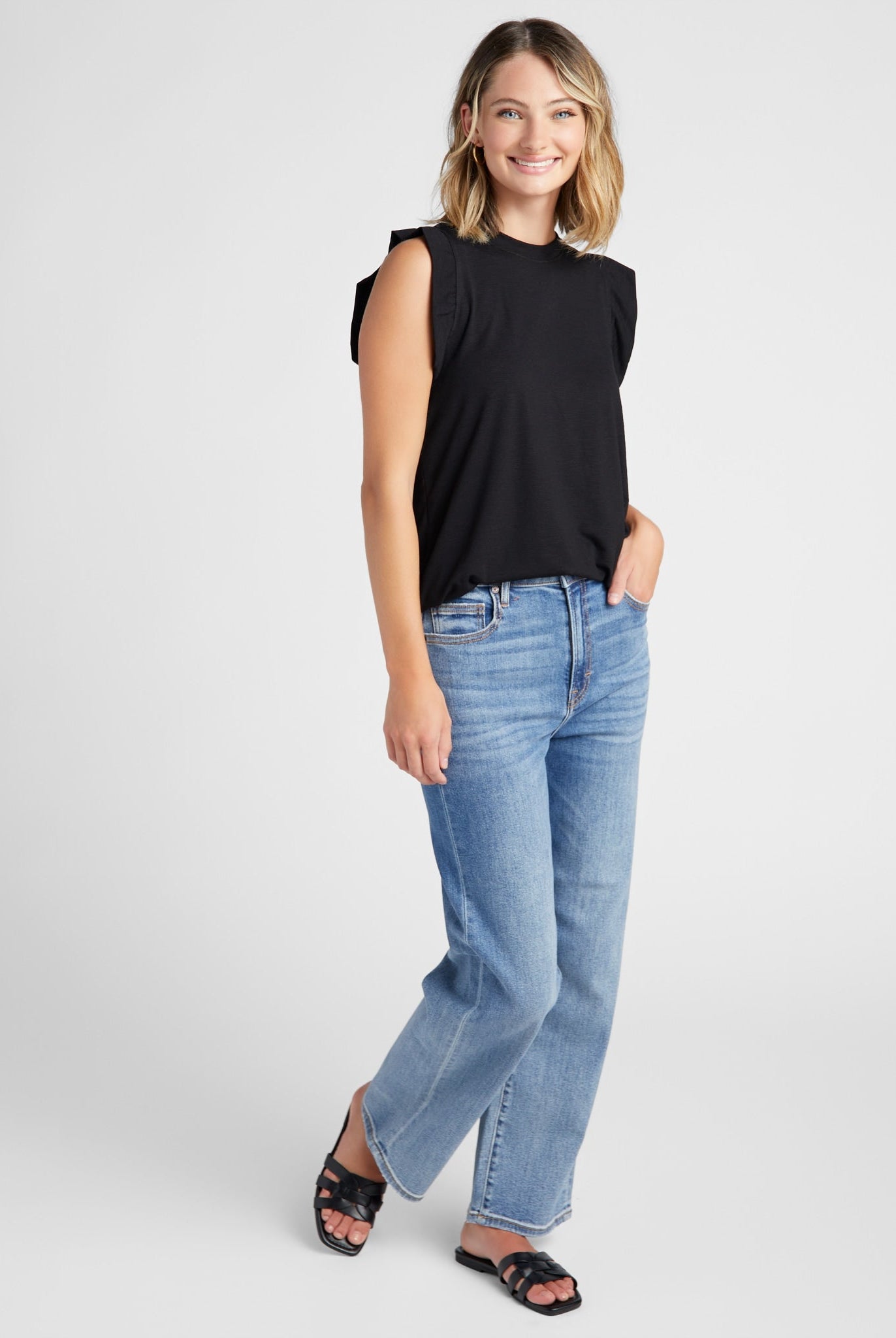 Black $|& SEAS Ruffle Shoulder Tank - SOF Full Front