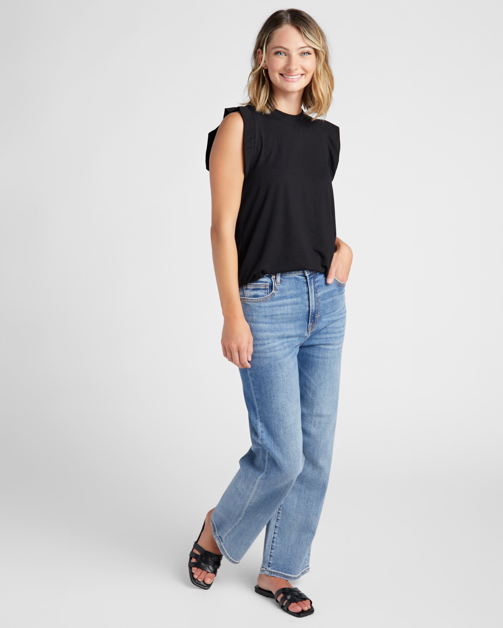 Black $|& SEAS Ruffle Shoulder Tank - SOF Full Front