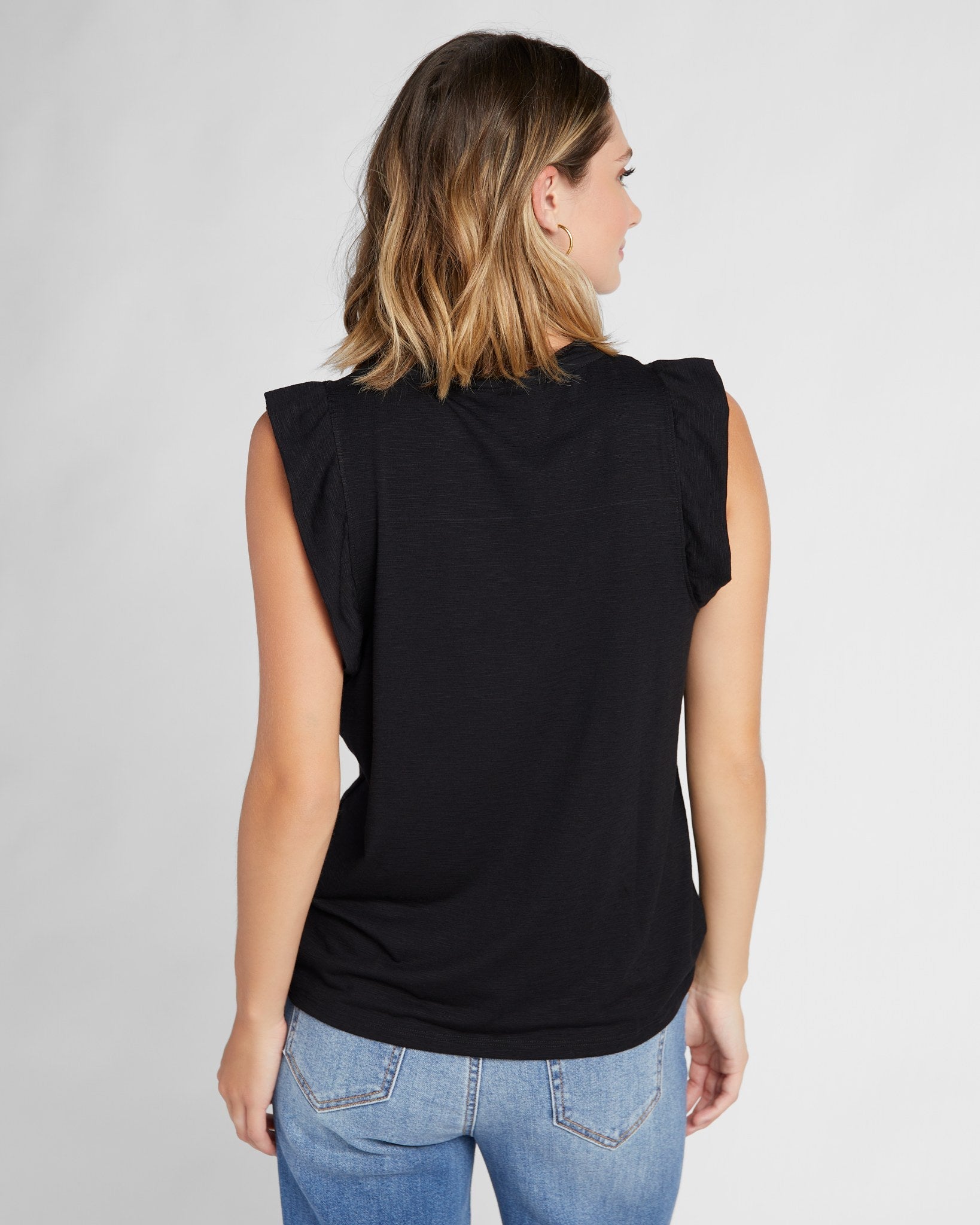 Black $|& SEAS Ruffle Shoulder Tank - SOF Back