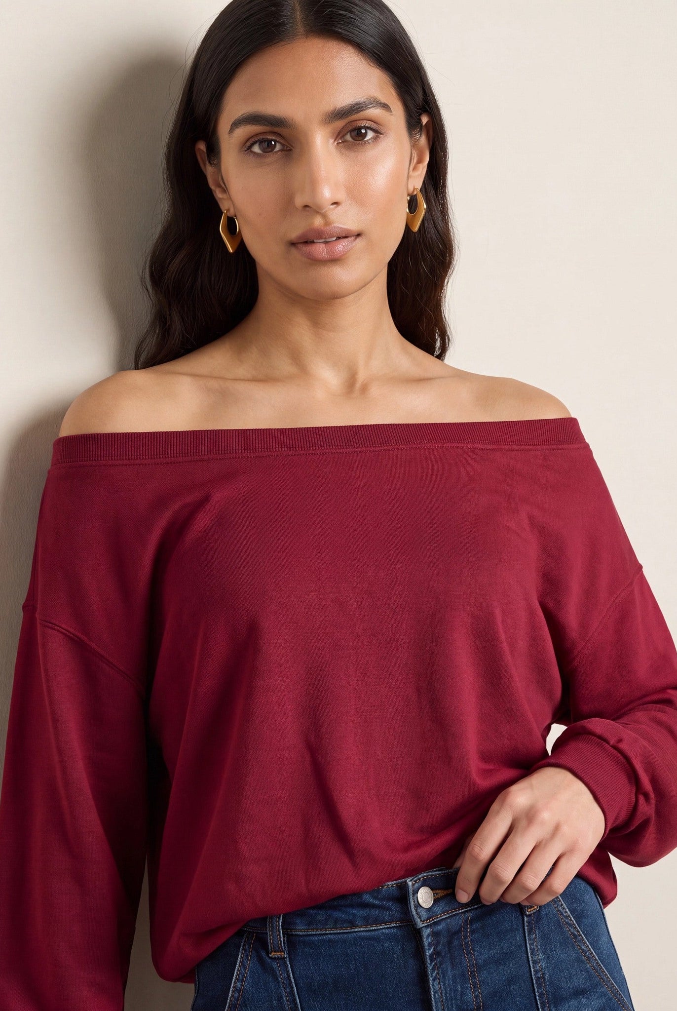 Cabernet $|& SEAS Brooksville One Shoulder Sweatshirt - SOF Full Front