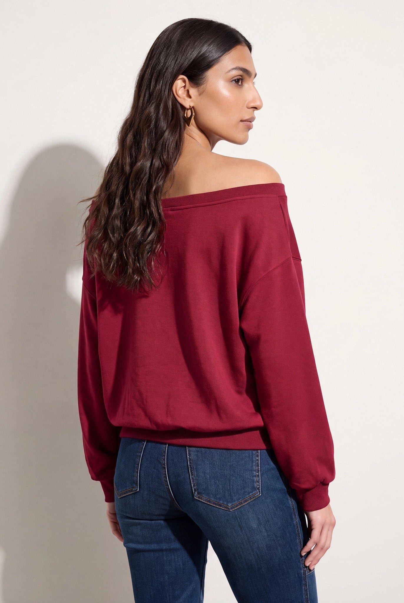Cabernet $|& SEAS Brooksville One Shoulder Sweatshirt - SOF Back