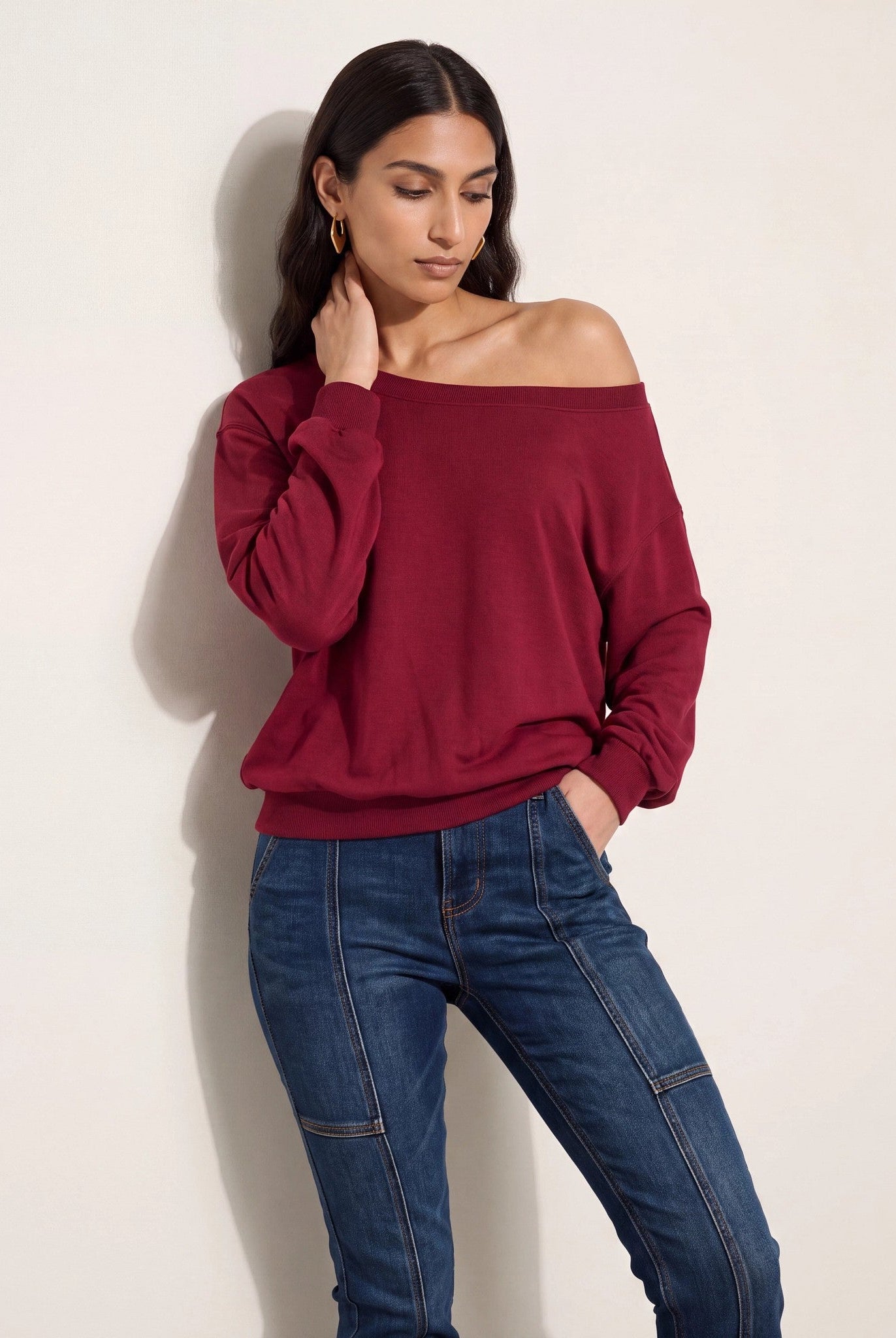 Cabernet $|& SEAS Brooksville One Shoulder Sweatshirt - SOF Front