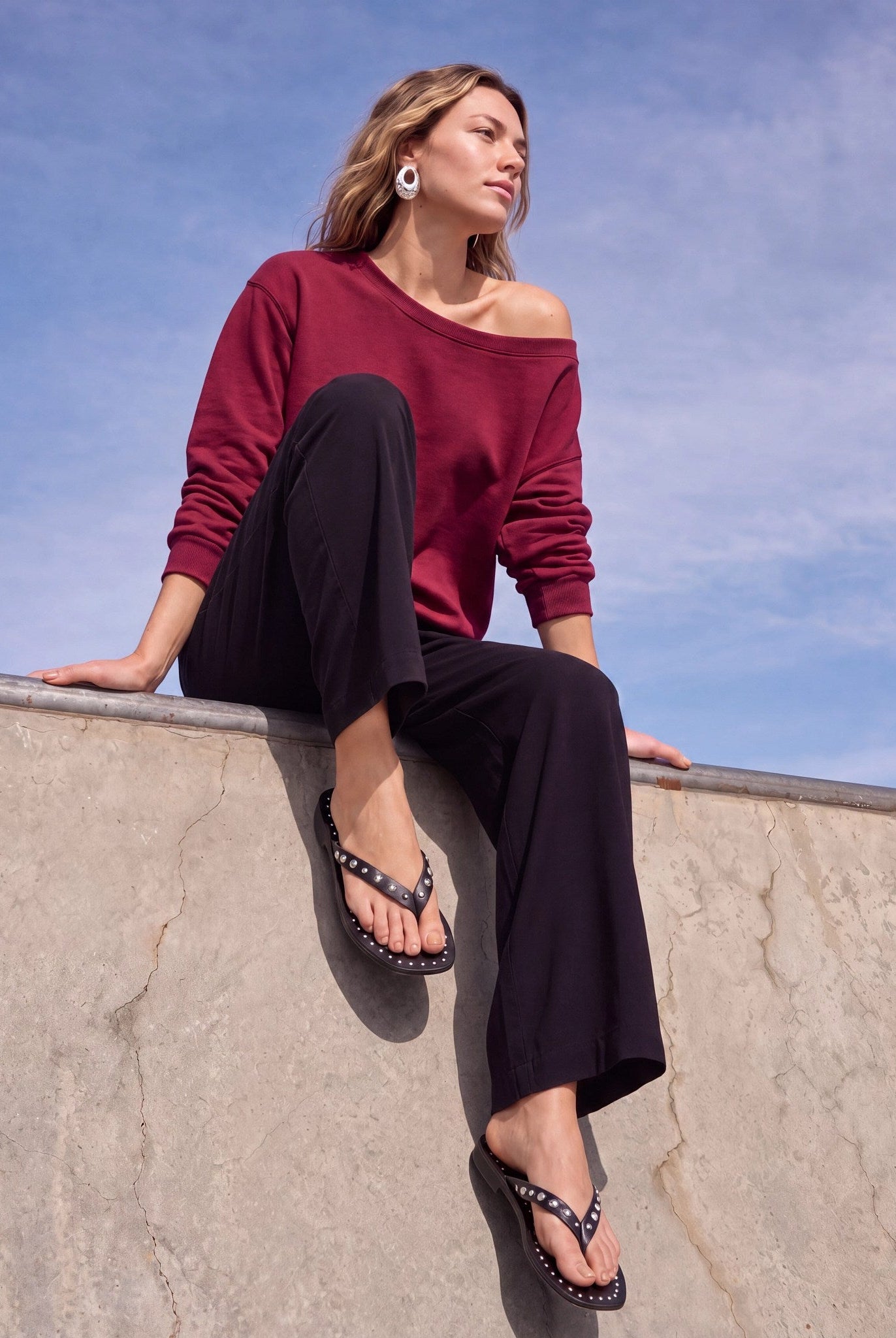 Cabernet $|& SEAS Brooksville One Shoulder Sweatshirt - SOF Side