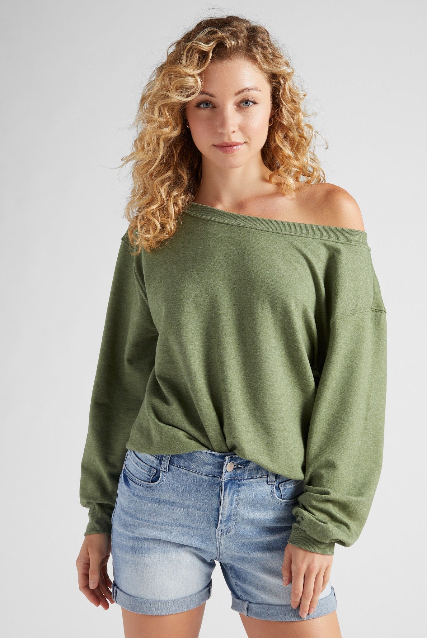 Light Olive $|& SEAS Brooksville One Shoulder Sweatshirt - SOF Front