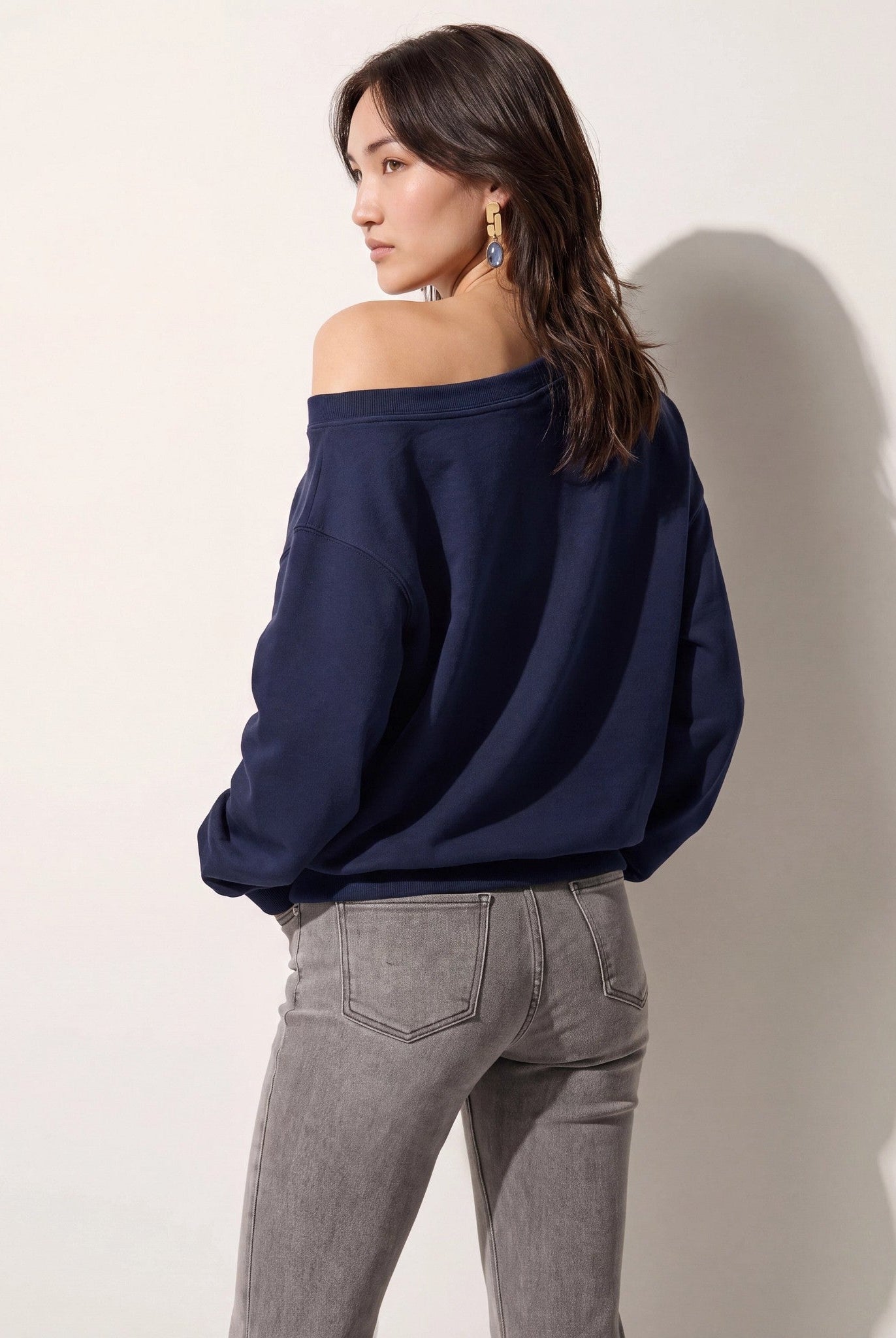 Navy $|& SEAS Brooksville One Shoulder Sweatshirt - SOF Back