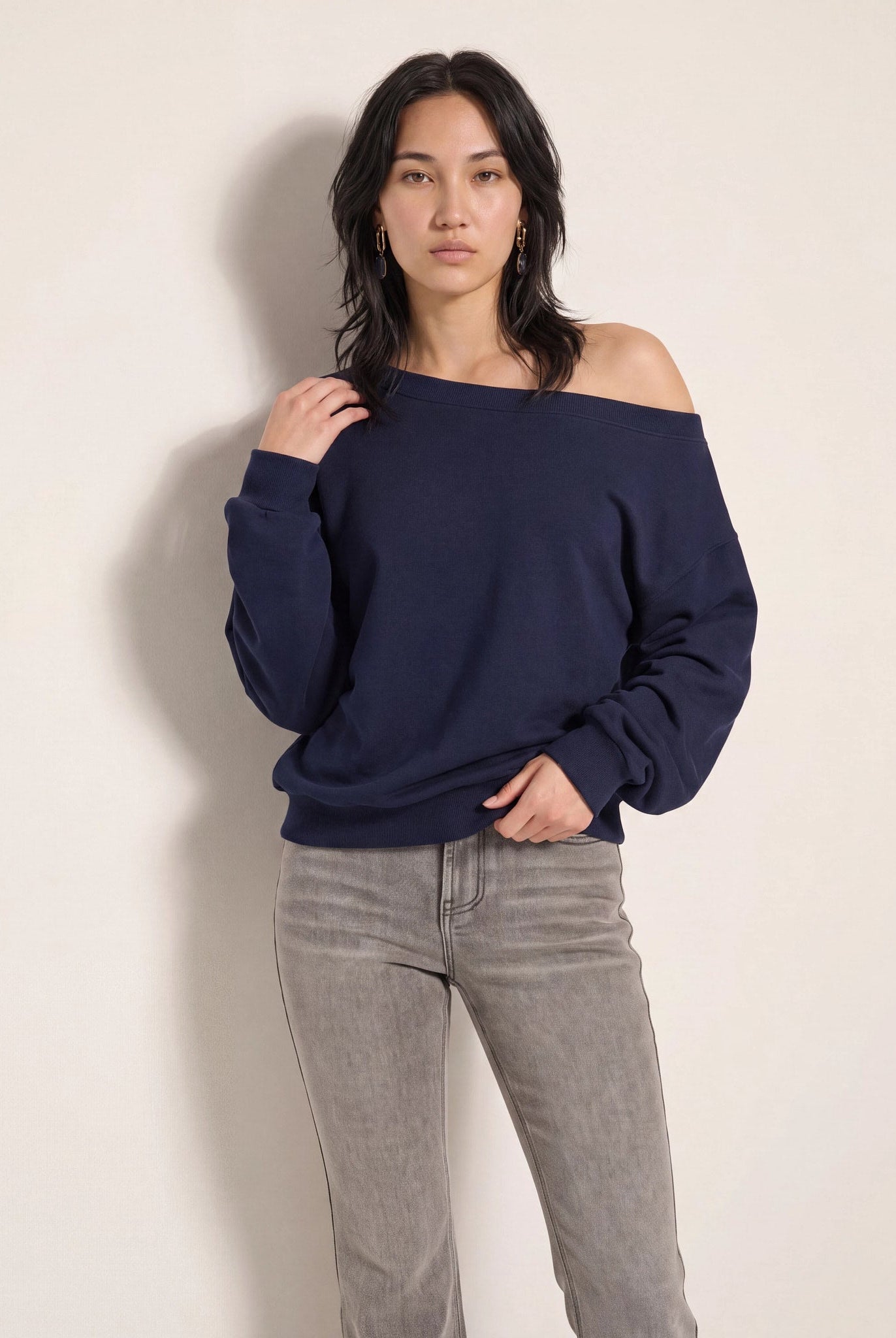 Navy $|& SEAS Brooksville One Shoulder Sweatshirt - SOF Front