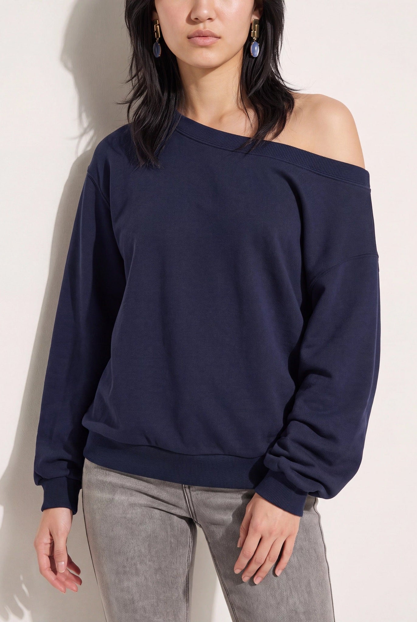 Navy $|& SEAS Brooksville One Shoulder Sweatshirt - SOF Full Front