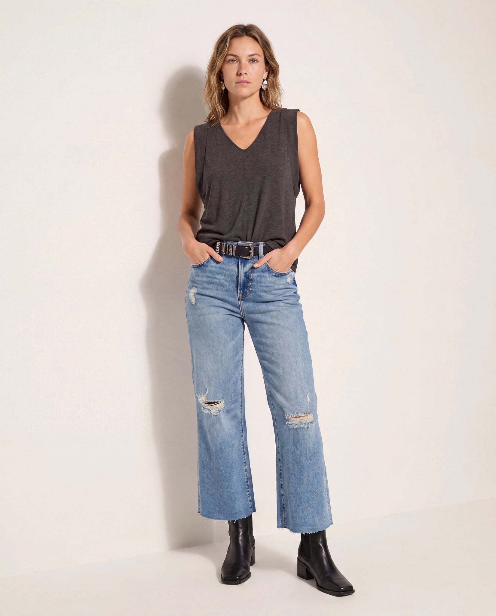 Medium Wash $|& SEAS Joni Wide Leg Distressed Jeans - SOF Back