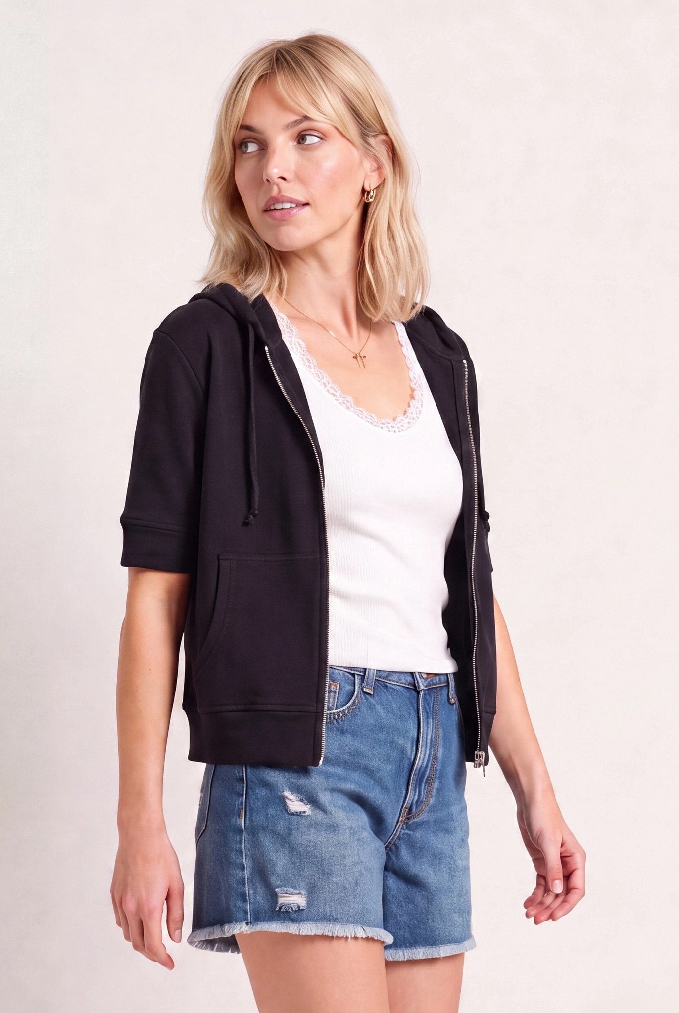 Black $|& SEAS Short Sleeve Fleece Zip Up - SOF Front