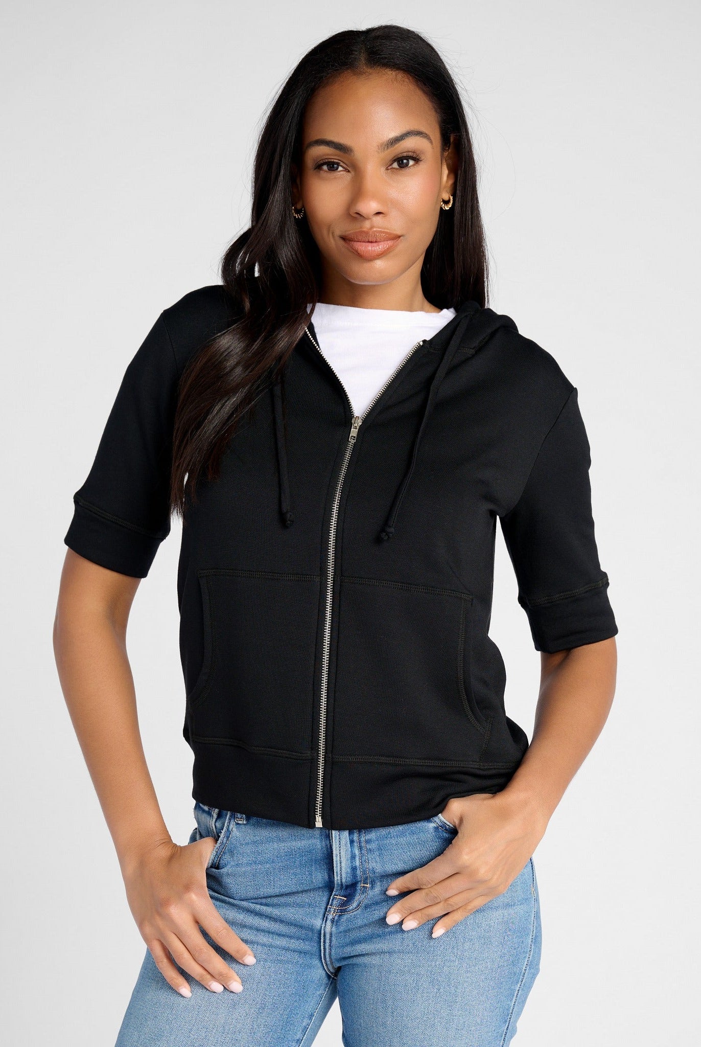 Black $|& SEAS Short Sleeve Fleece Zip Up - SOF Front