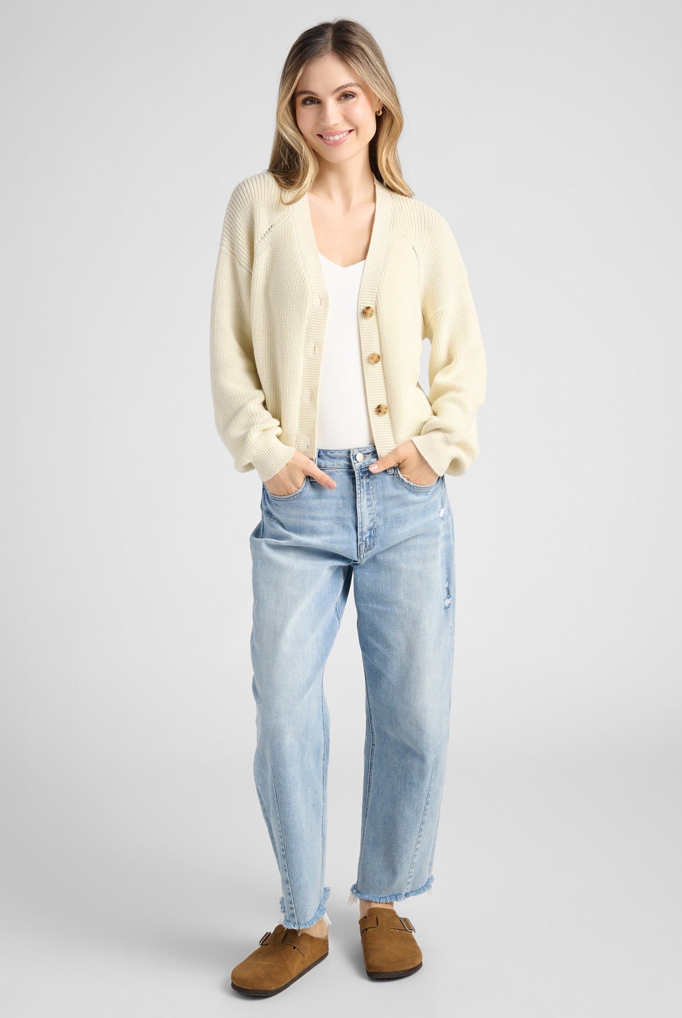Cream $|& SEAS Coastal V-Neck Cardigan - SOF Full Front