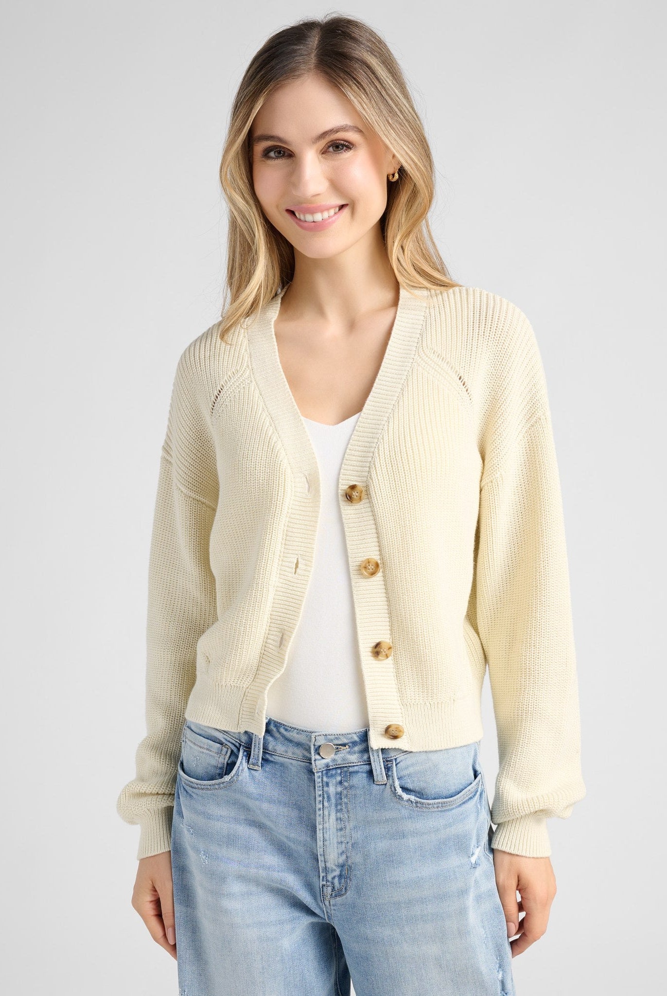 Cream $|& SEAS Coastal V-Neck Cardigan - SOF Front