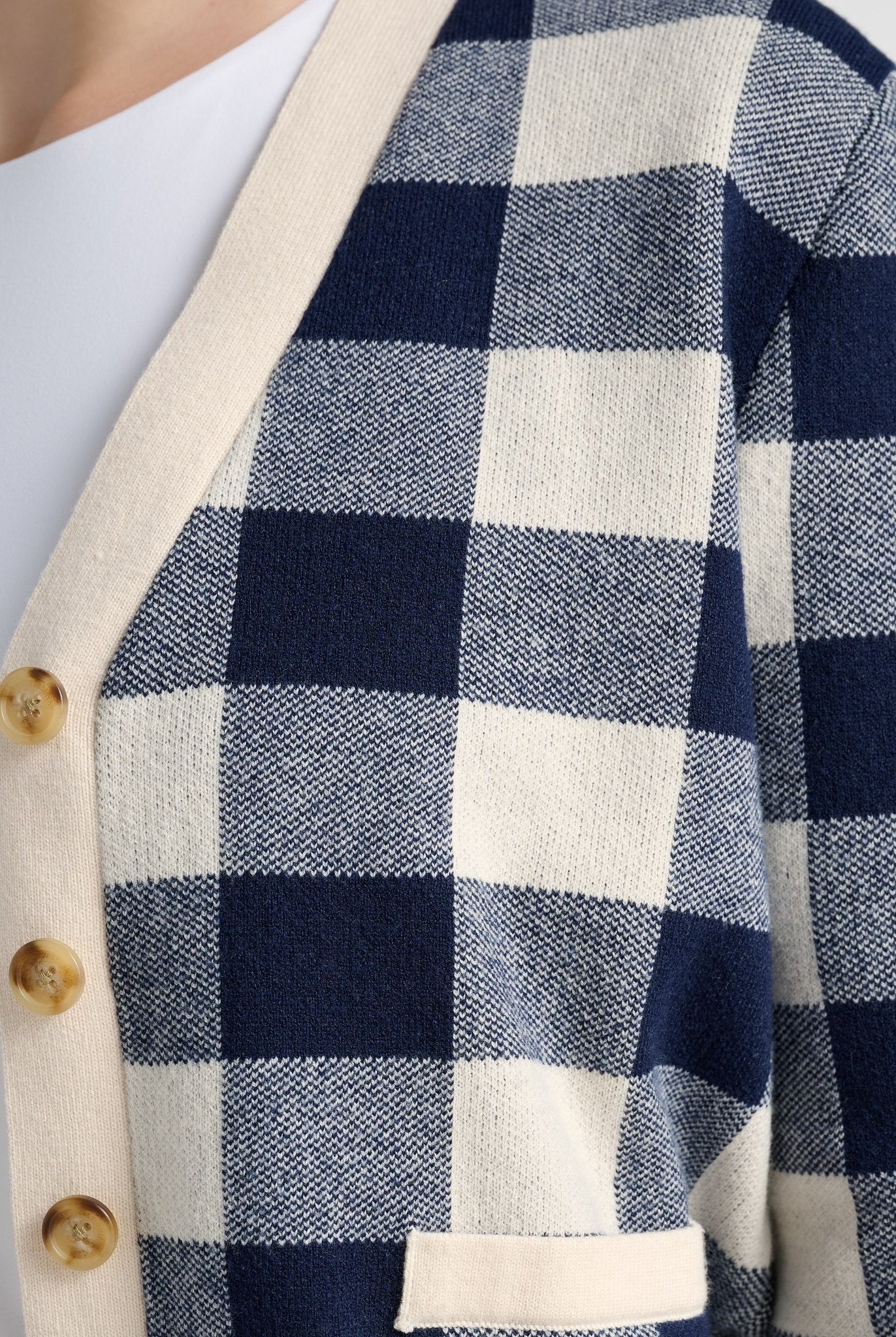 Cream/Navy $|& SEAS Alumni Double Plaid Cardigan - SOF Detail