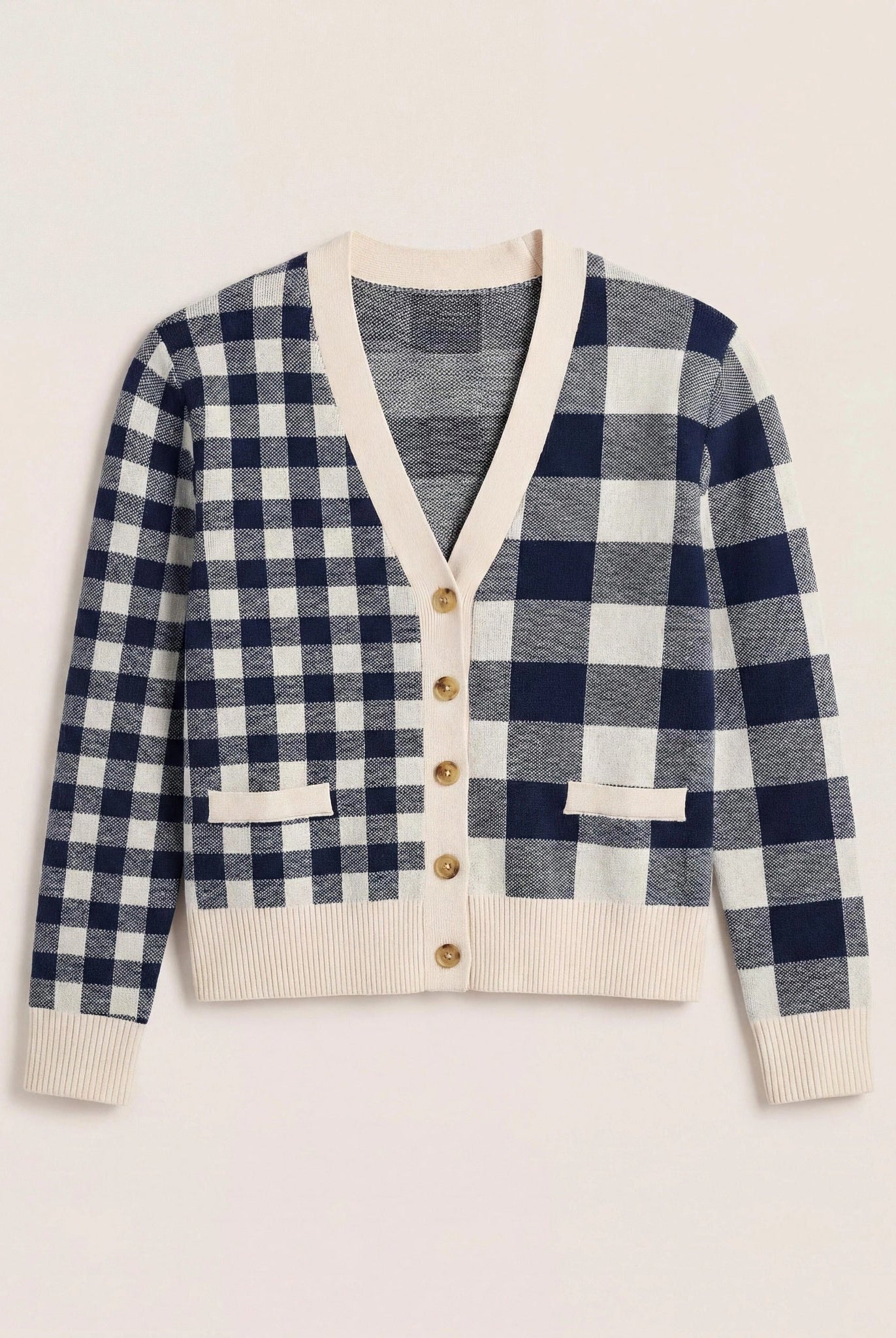 Cream/Navy $|& SEAS Alumni Double Plaid Cardigan - Hanger Detail