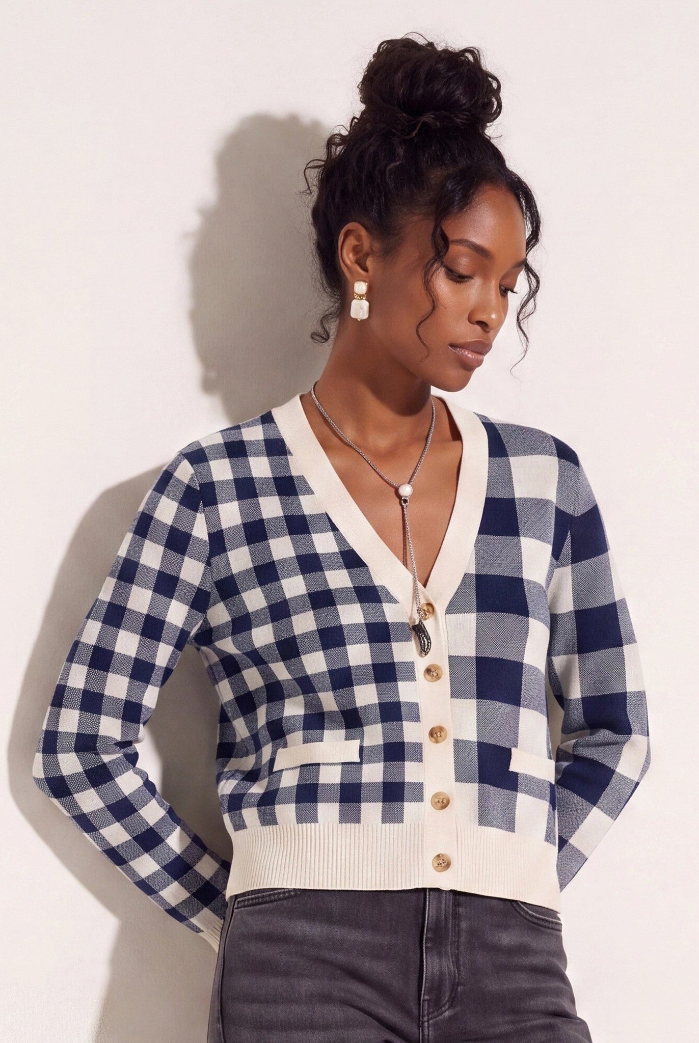 Cream/Navy $|& SEAS Alumni Double Plaid Cardigan - VOF Front