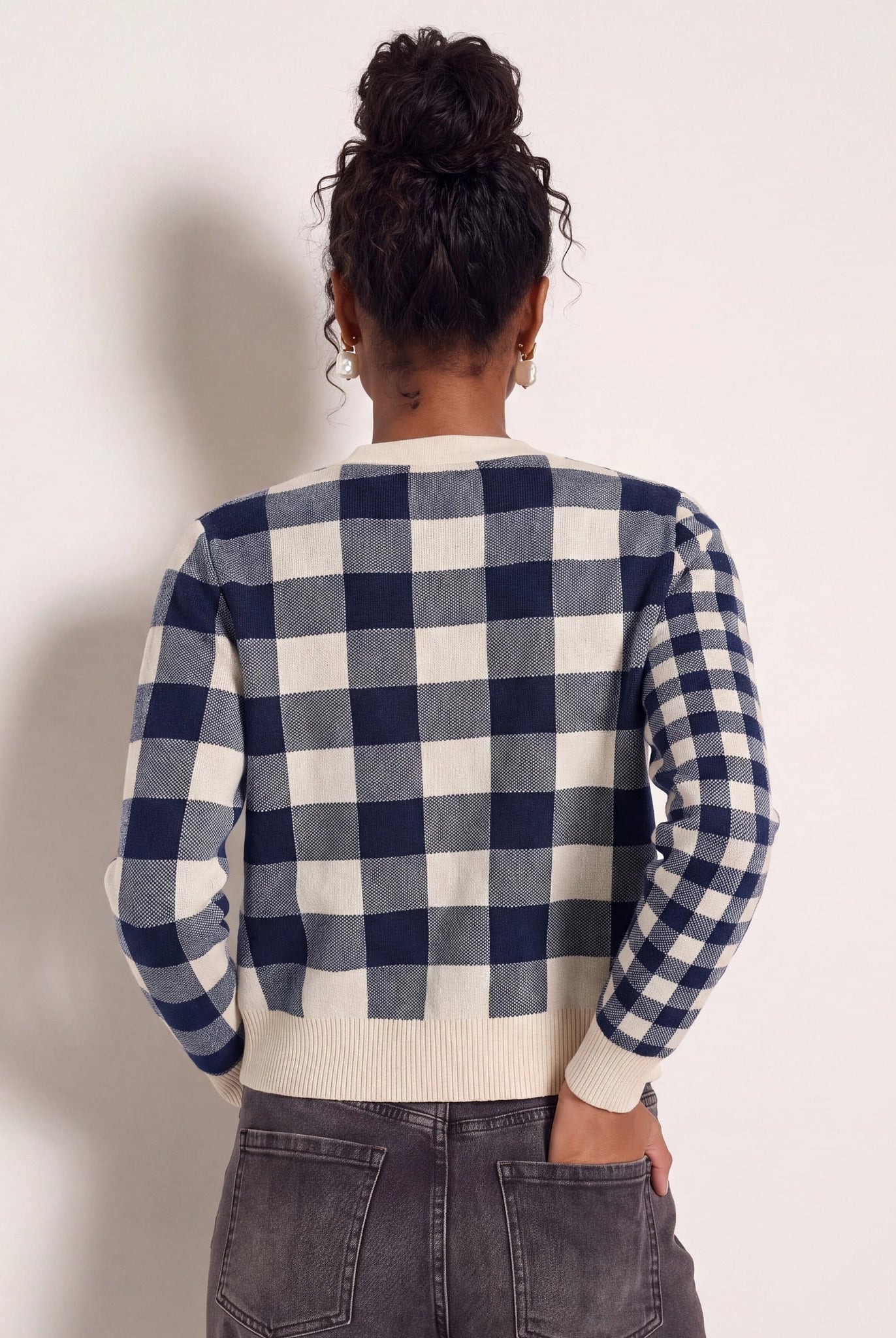 Cream/Navy $|& SEAS Alumni Double Plaid Cardigan - SOF Back