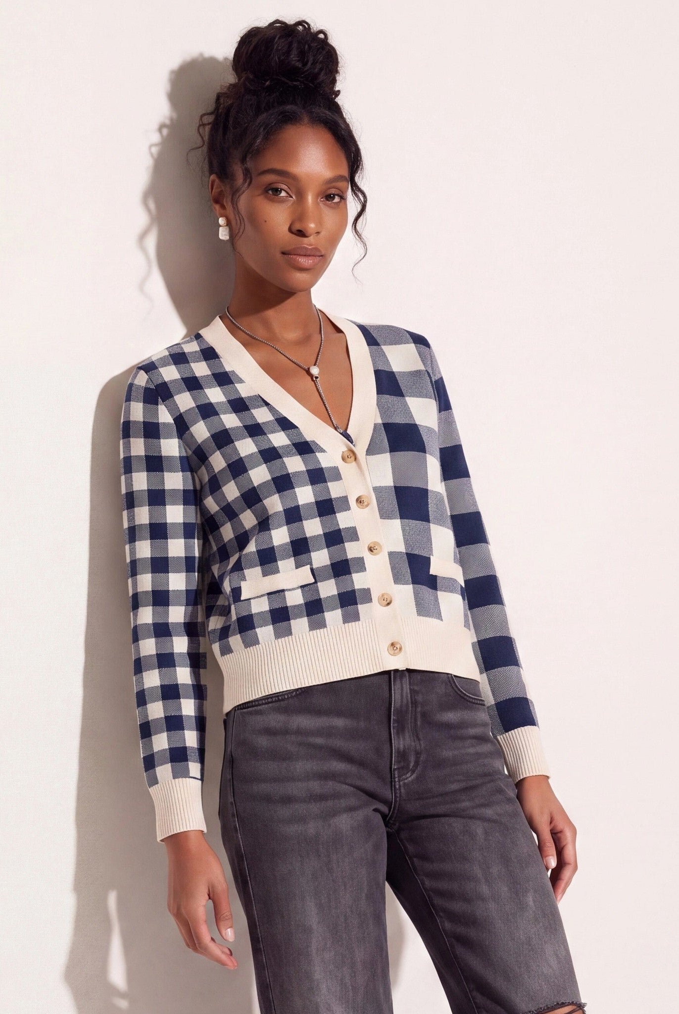 Cream/Navy $|& SEAS Alumni Double Plaid Cardigan - SOF Front