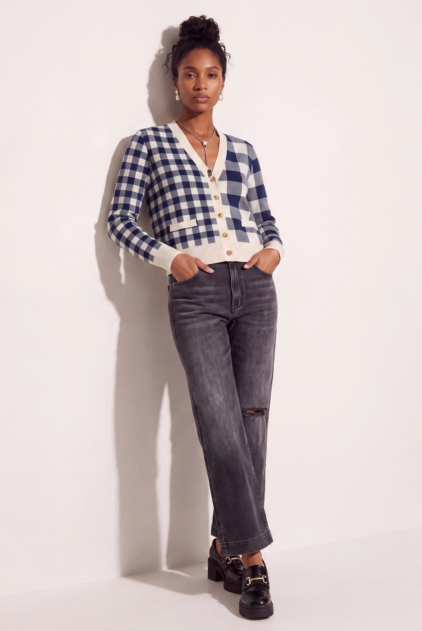 Cream/Navy $|& SEAS Alumni Double Plaid Cardigan - UGC On Fig