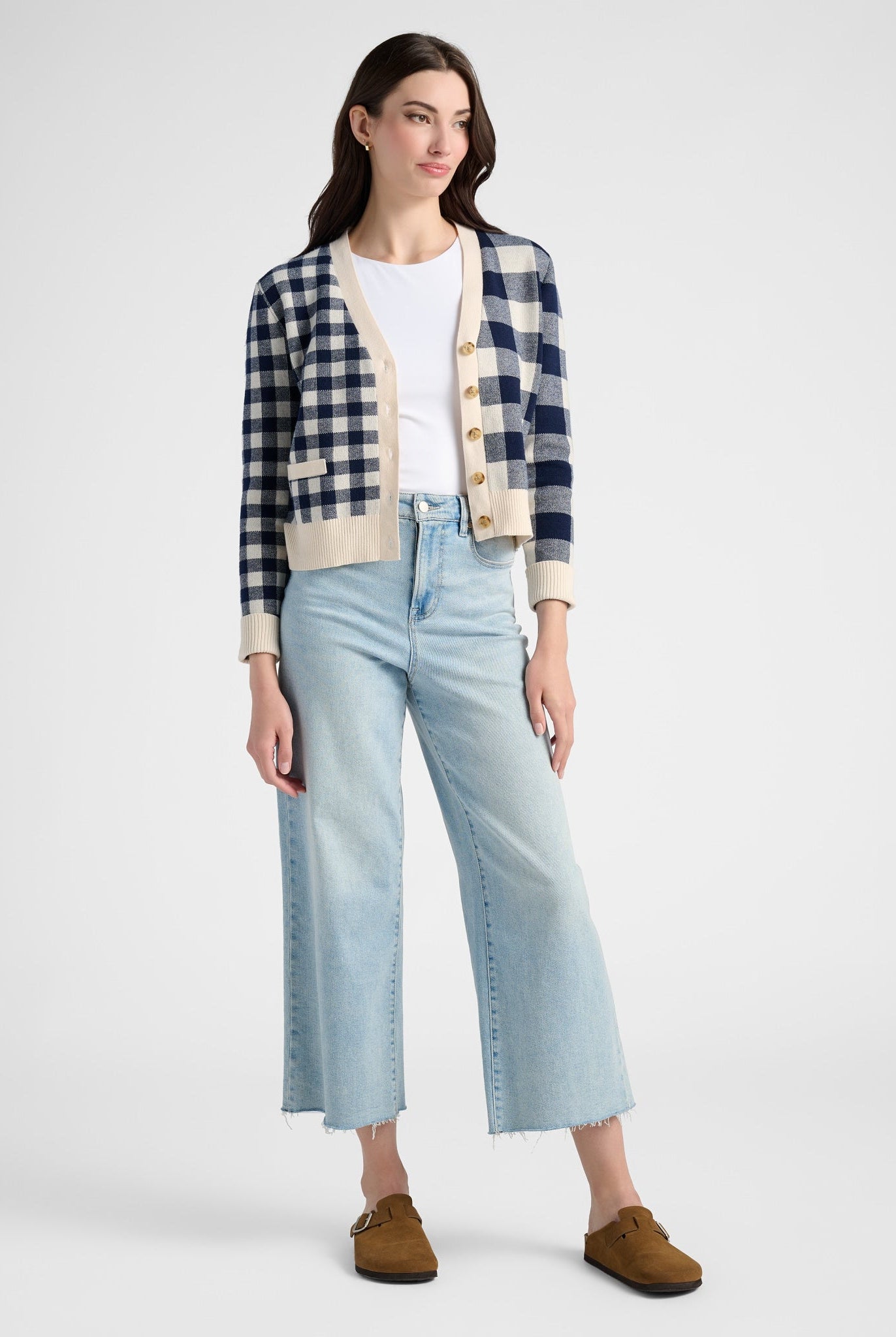 Cream/Navy $|& SEAS Alumni Double Plaid Cardigan - SOF Full Front