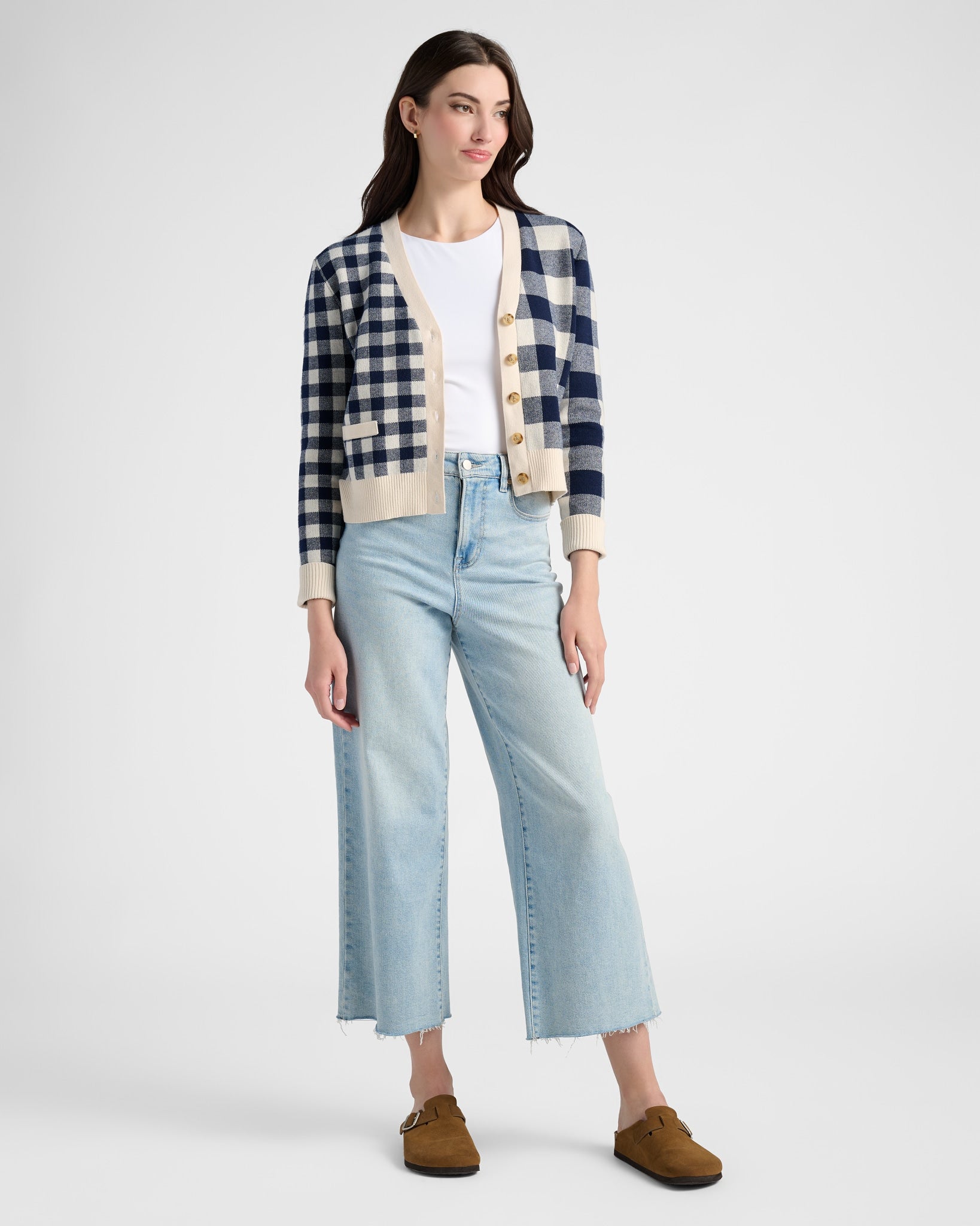 Cream/Navy $|& SEAS Alumni Double Plaid Cardigan - SOF Full Front