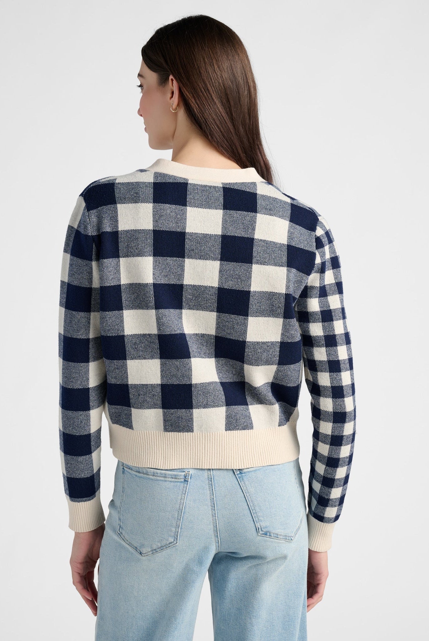 Cream/Navy $|& SEAS Alumni Double Plaid Cardigan - SOF Back