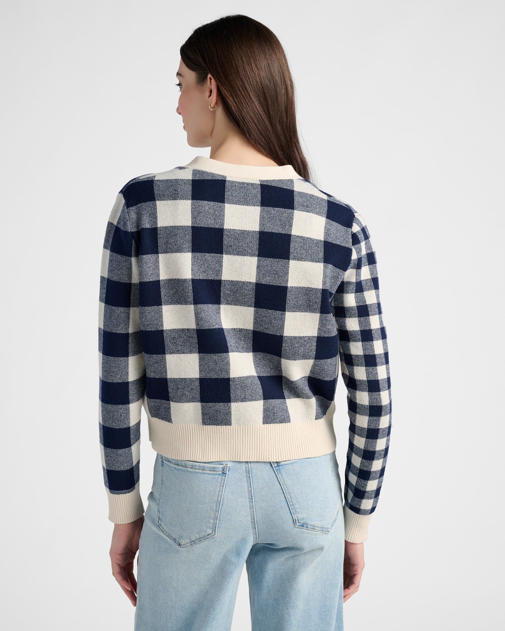Cream/Navy $|& SEAS Alumni Double Plaid Cardigan - SOF Back