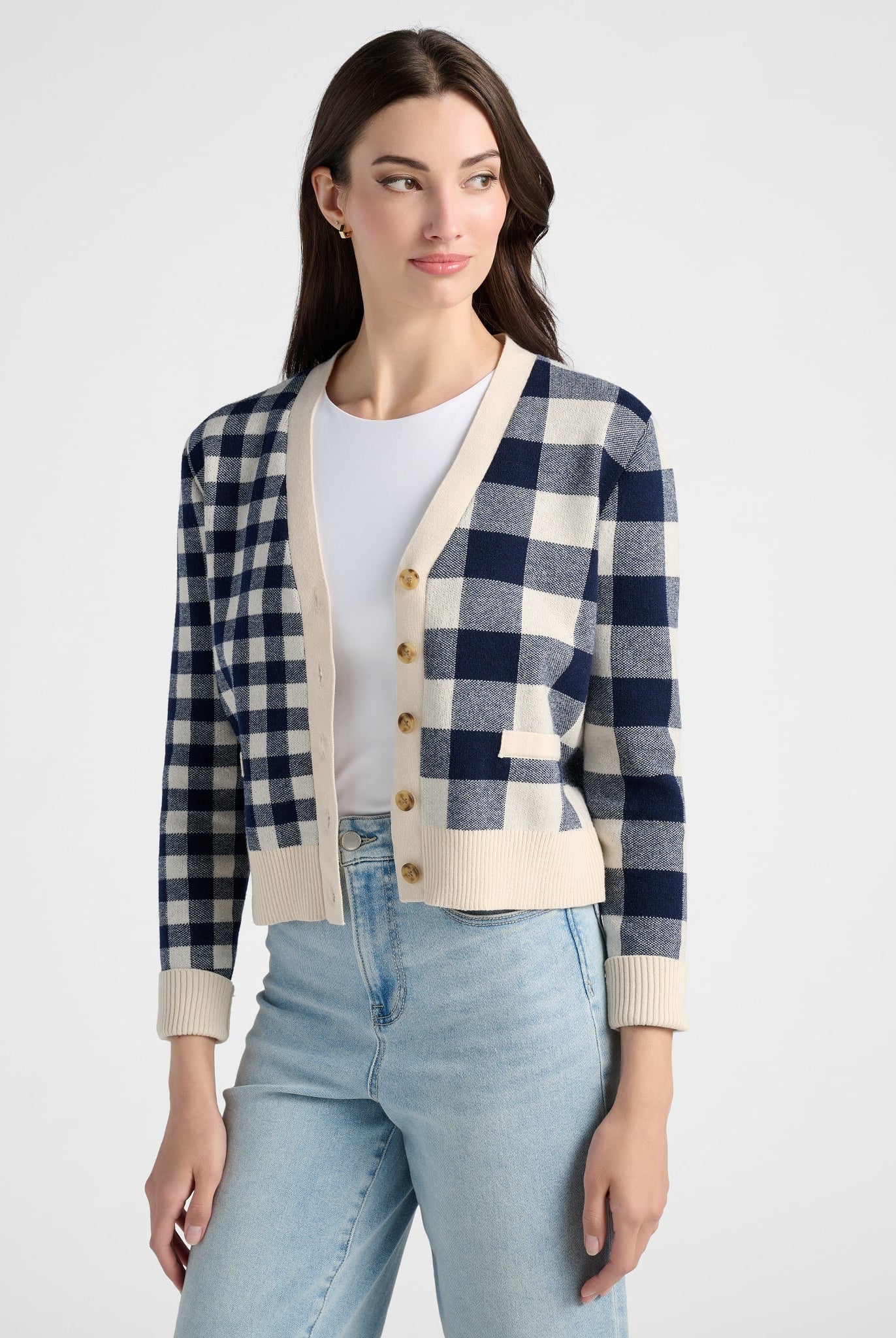 Cream/Navy $|& SEAS Alumni Double Plaid Cardigan - SOF Front