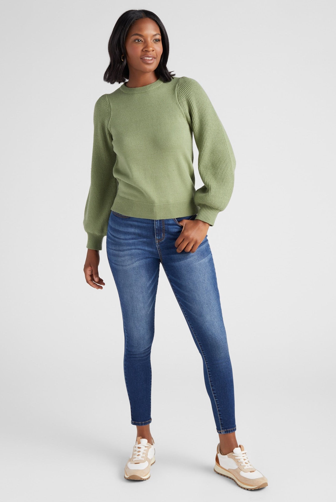 Frosty Spruce $|& SEAS Pacific Puff Shoulder Crew Neck Sweater - SOF Full Front