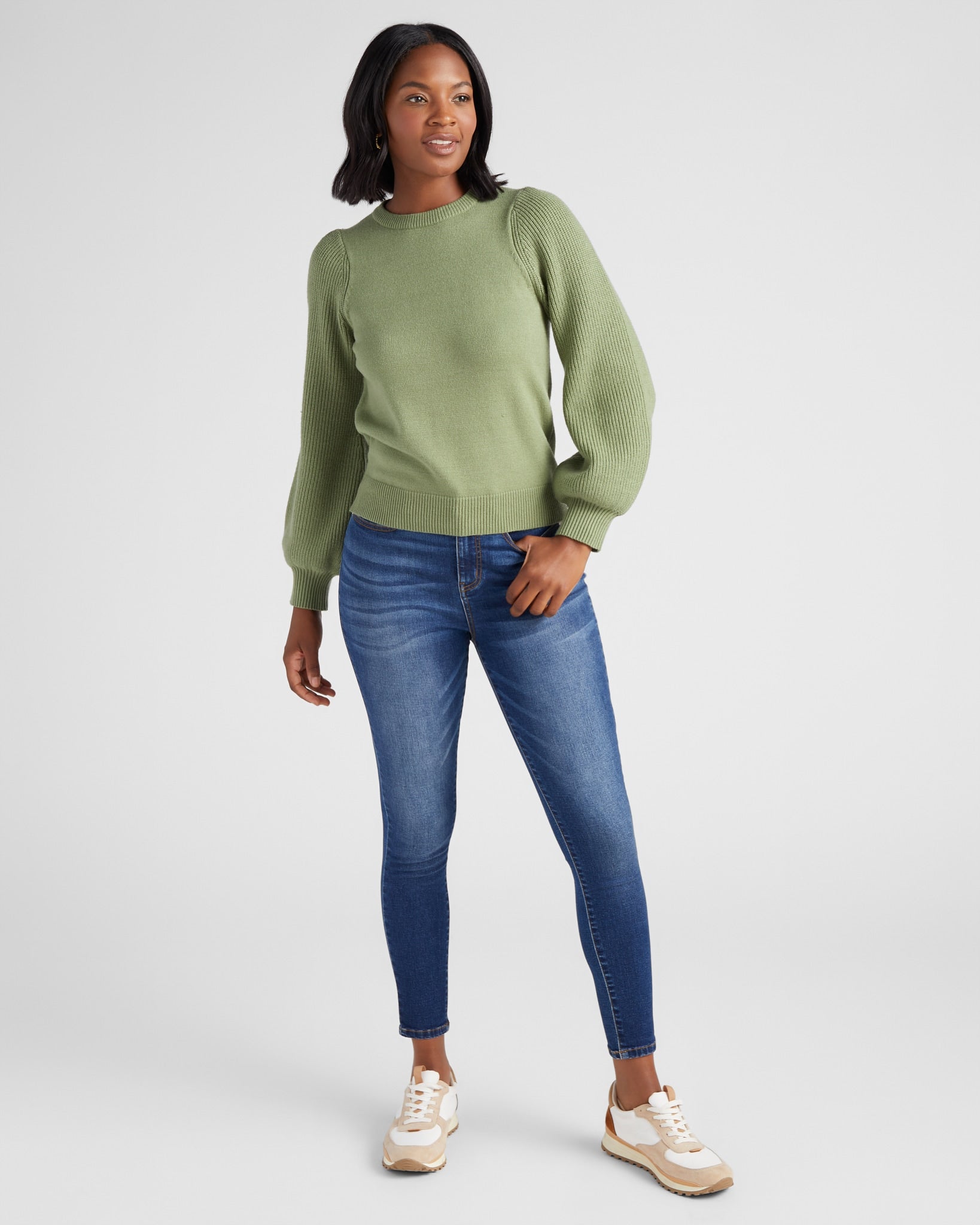 Frosty Spruce $|& SEAS Pacific Puff Shoulder Crew Neck Sweater - SOF Full Front