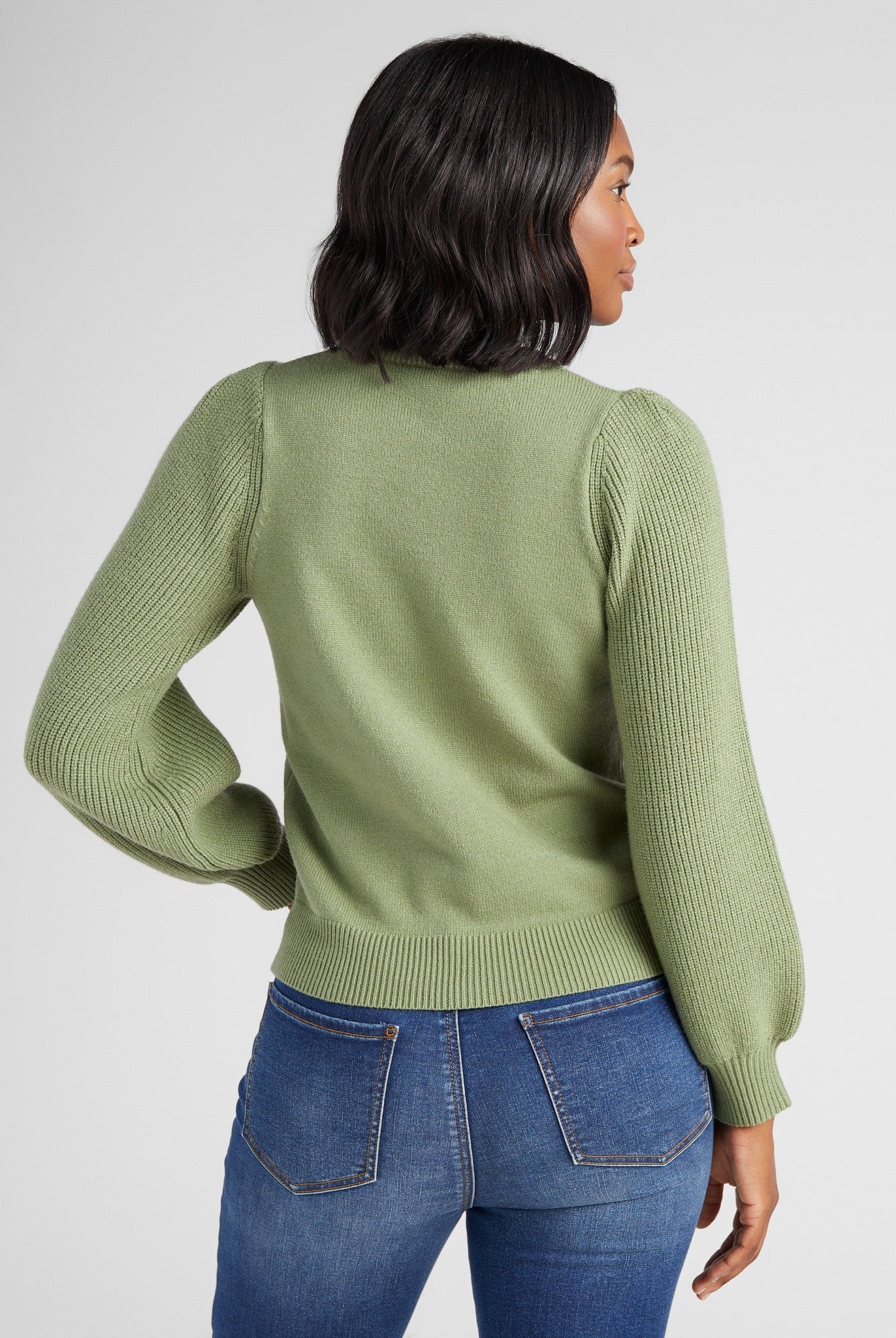 Frosty Spruce $|& SEAS Pacific Puff Shoulder Crew Neck Sweater - SOF Back