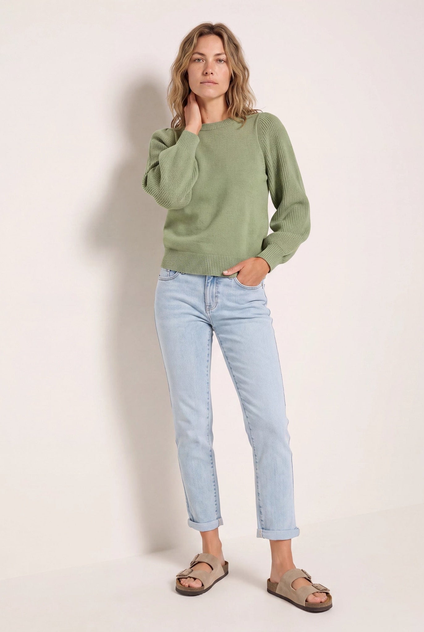 Frosty Spruce $|& SEAS Pacific Puff Shoulder Crew Neck Sweater - SOF Side