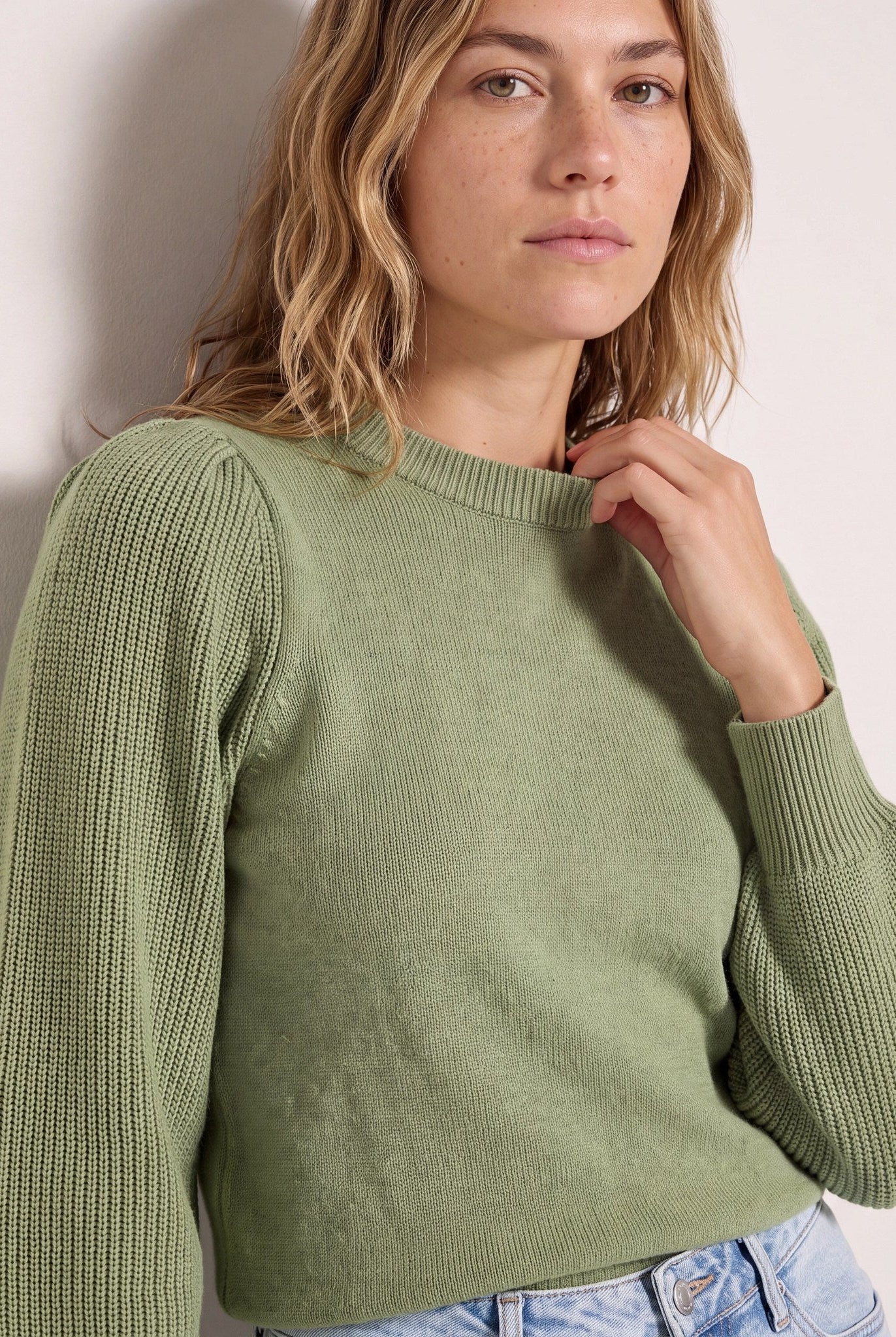Frosty Spruce $|& SEAS Pacific Puff Shoulder Crew Neck Sweater - SOF Front