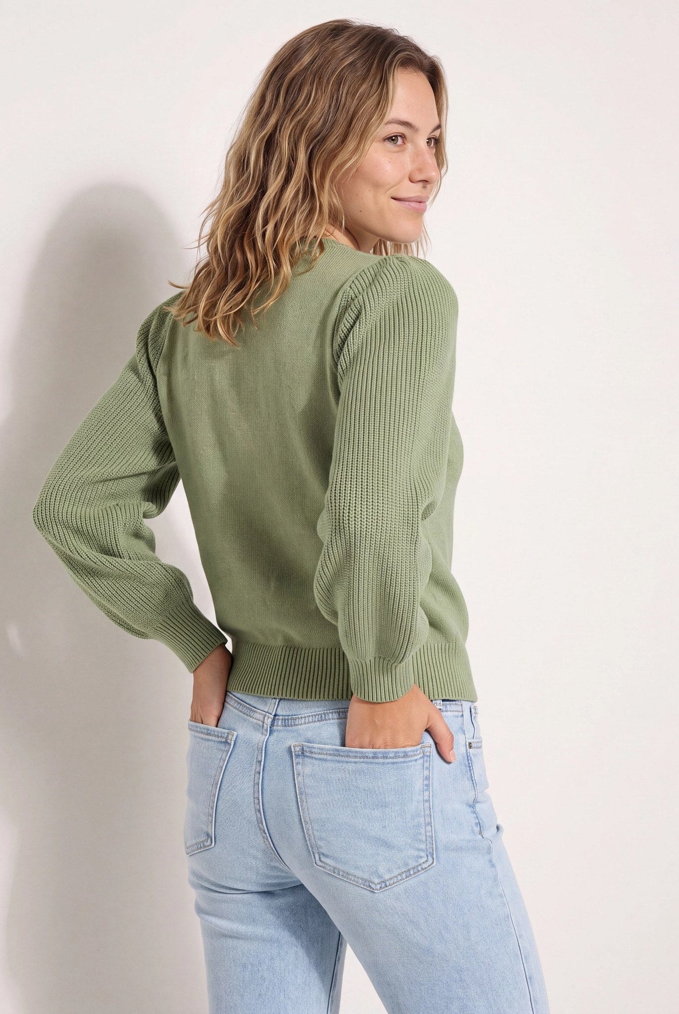 Frosty Spruce $|& SEAS Pacific Puff Shoulder Crew Neck Sweater