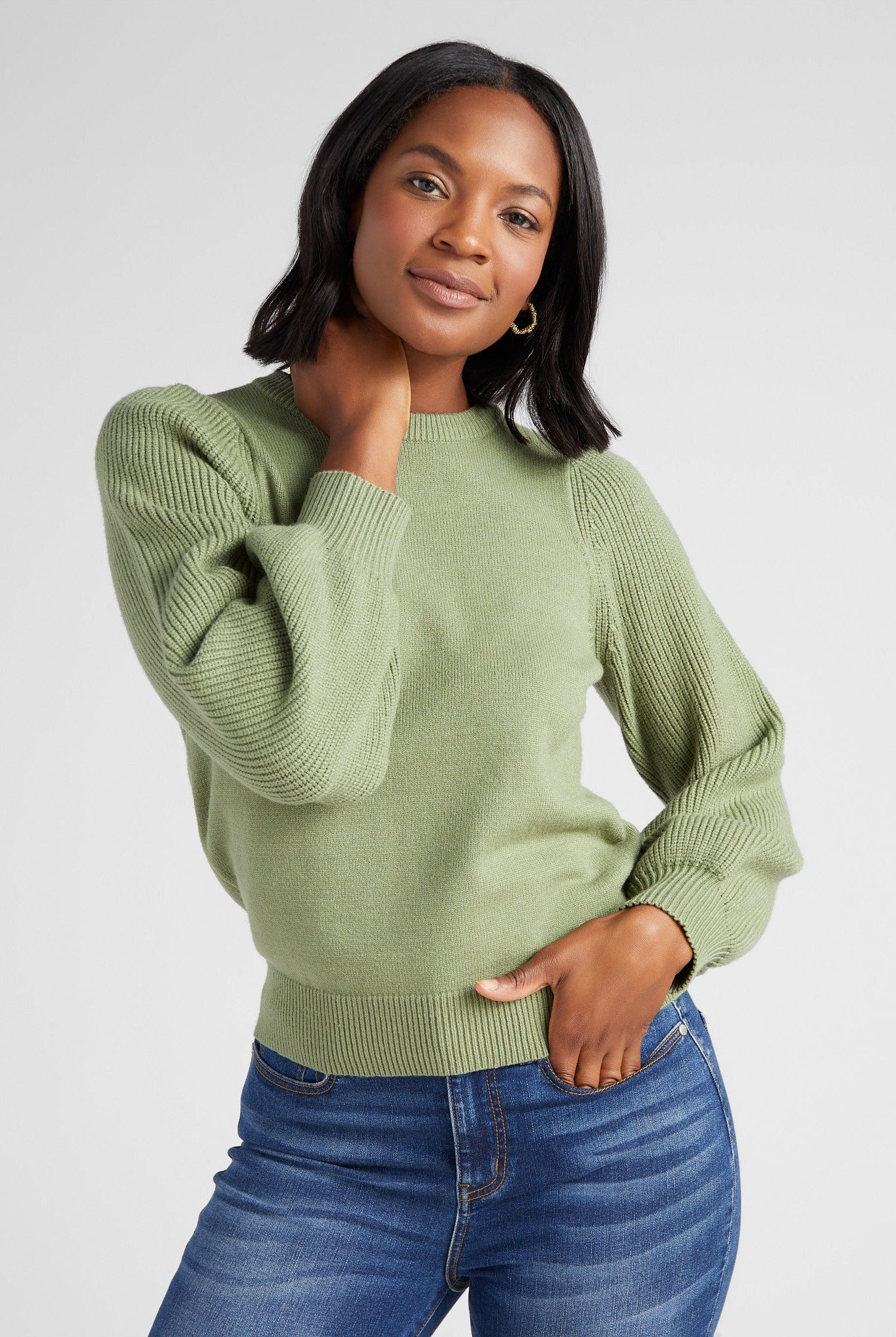 Frosty Spruce $|& SEAS Pacific Puff Shoulder Crew Neck Sweater - SOF Front
