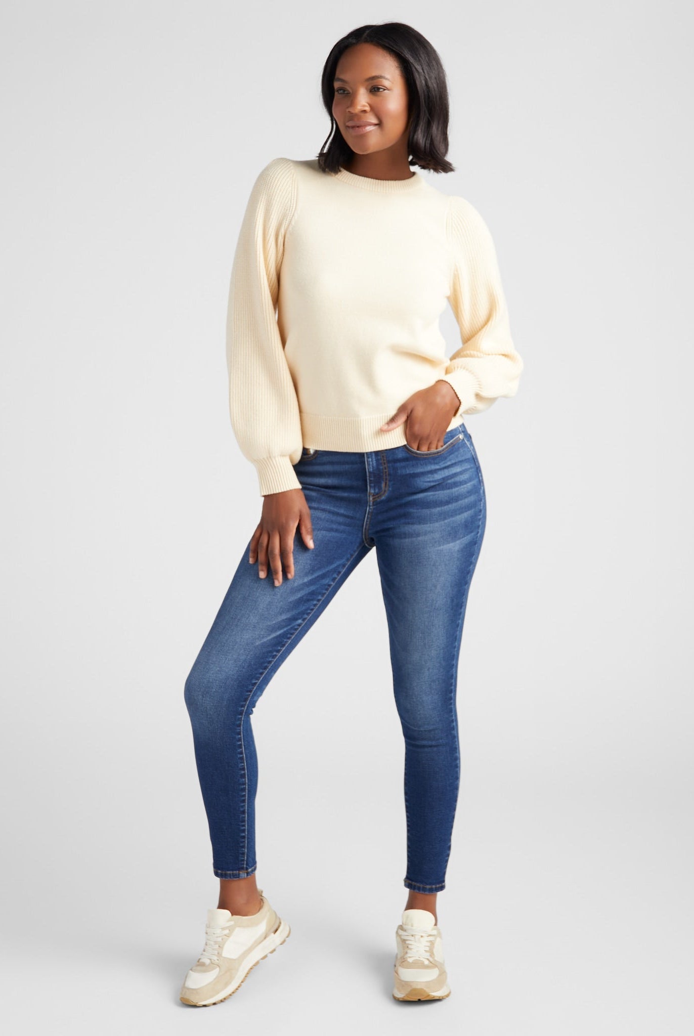 Cream $|& SEAS Pacific Puff Shoulder Crew Neck Sweater - SOF Full Front