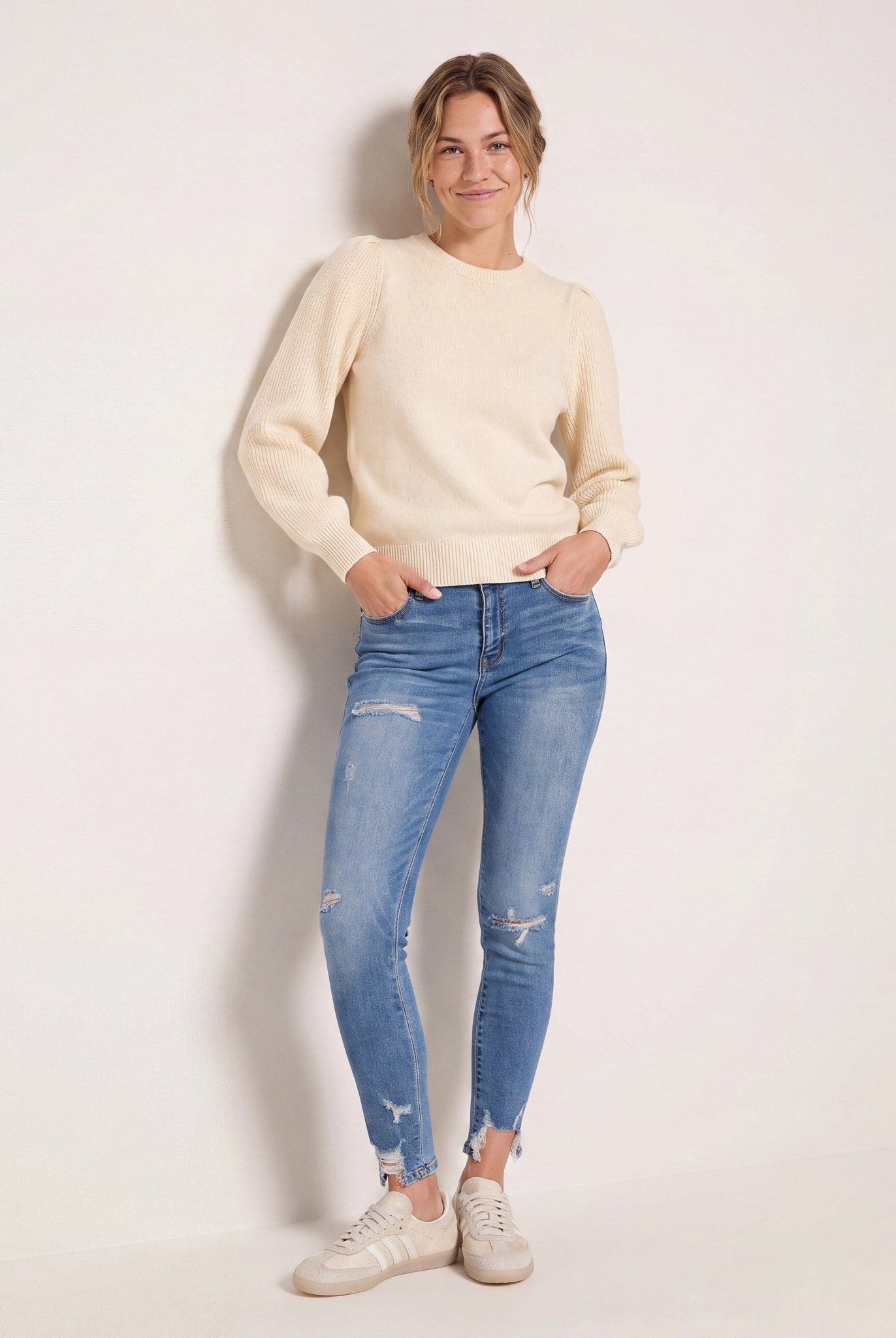 Cream $|& SEAS Pacific Puff Shoulder Crew Neck Sweater - SOF Side