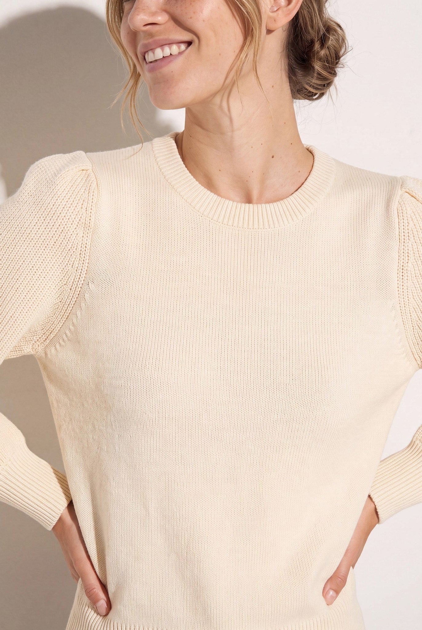 Cream $|& SEAS Pacific Puff Shoulder Crew Neck Sweater - SOF Front