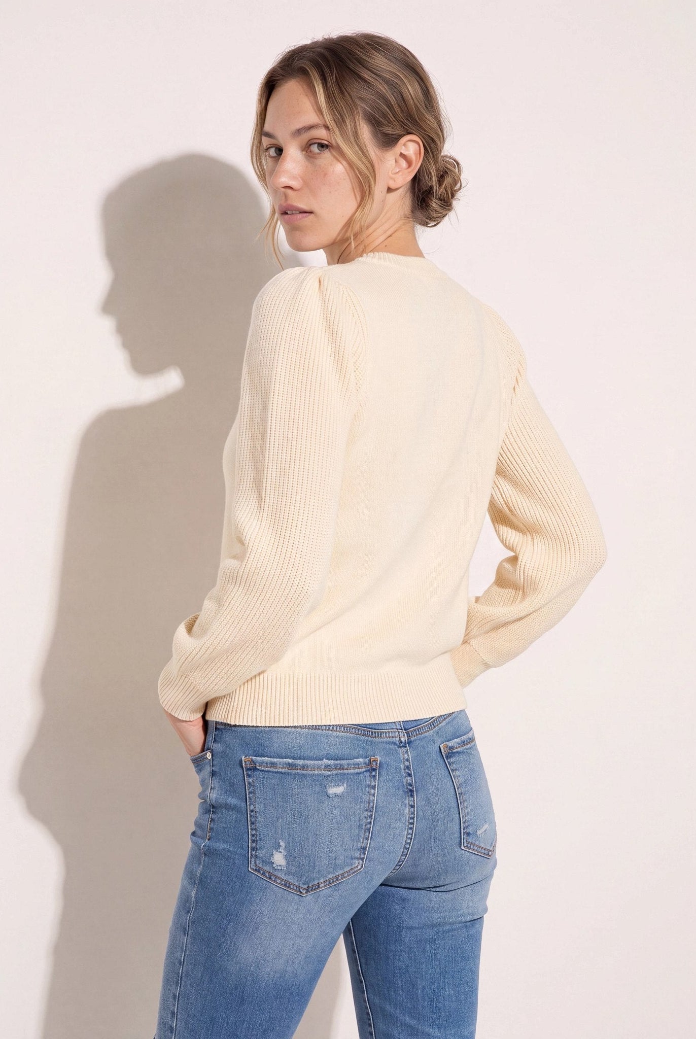 Cream $|& SEAS Pacific Puff Shoulder Crew Neck Sweater
