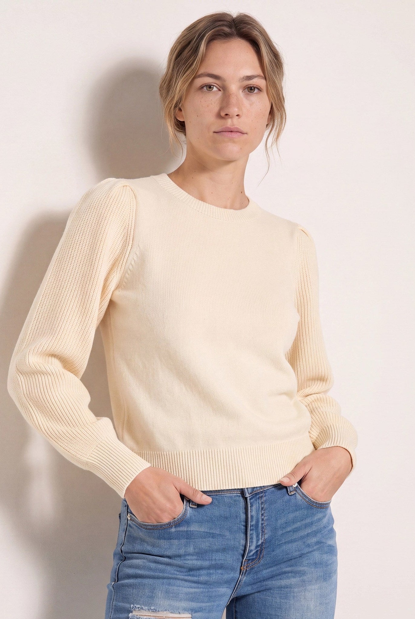 Cream $|& SEAS Pacific Puff Shoulder Crew Neck Sweater