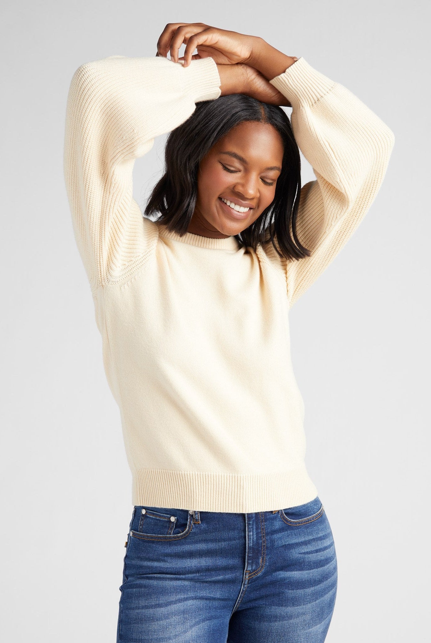 Cream $|& SEAS Pacific Puff Shoulder Crew Neck Sweater - SOF Front