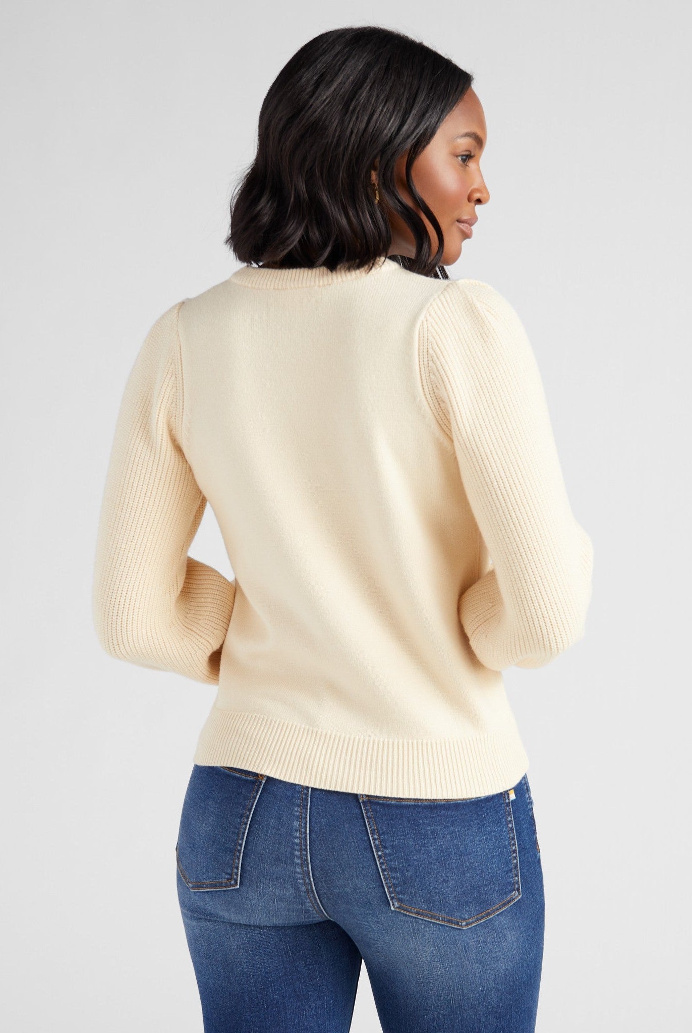 Cream $|& SEAS Pacific Puff Shoulder Crew Neck Sweater - SOF Back
