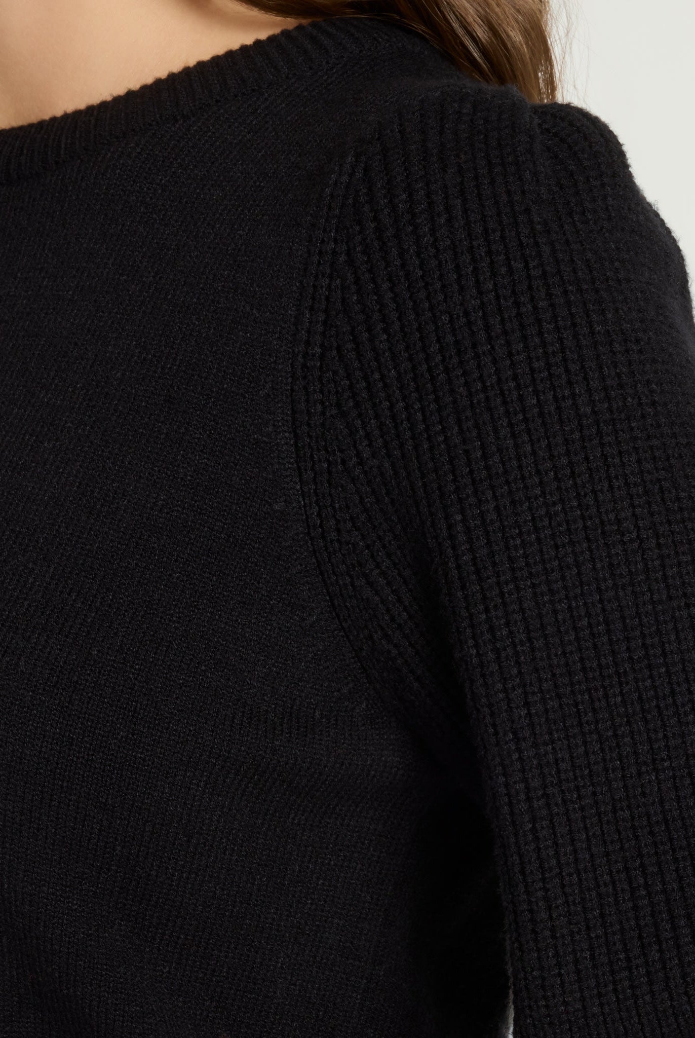 Black $|& SEAS Pacific Puff Shoulder Crew Neck Sweater - SOF Full Front