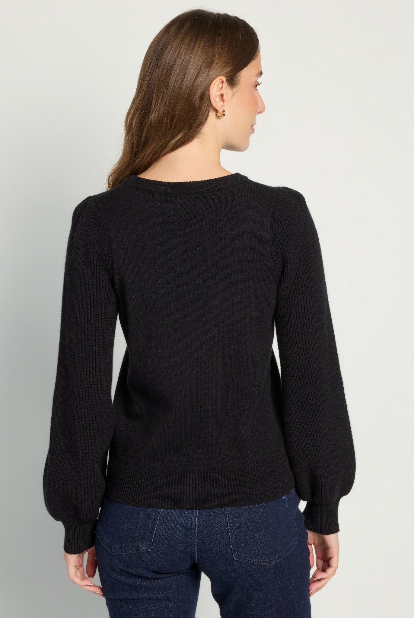 Black $|& SEAS Pacific Puff Shoulder Crew Neck Sweater - SOF Back