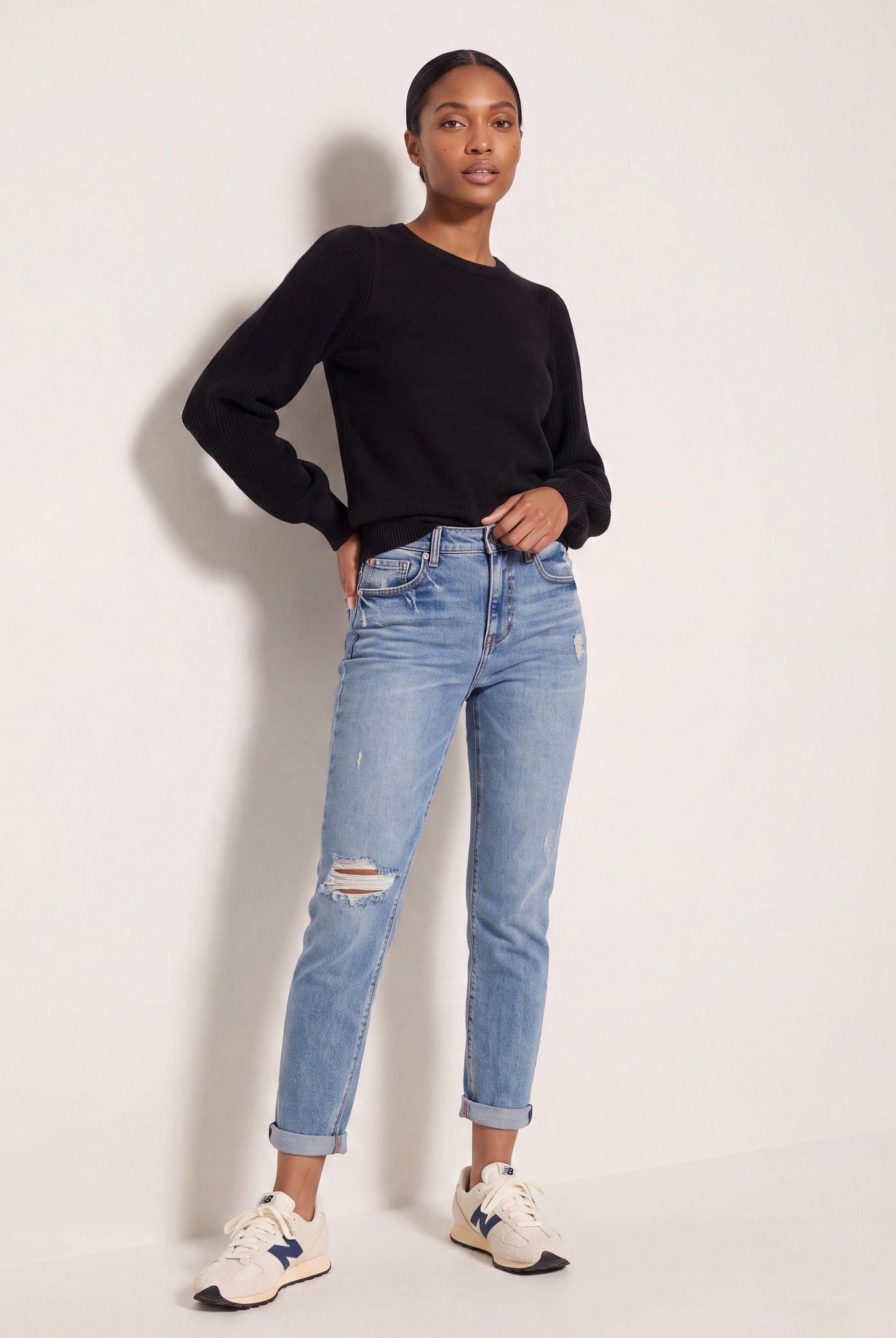 Black $|& SEAS Pacific Puff Shoulder Crew Neck Sweater - SOF Back