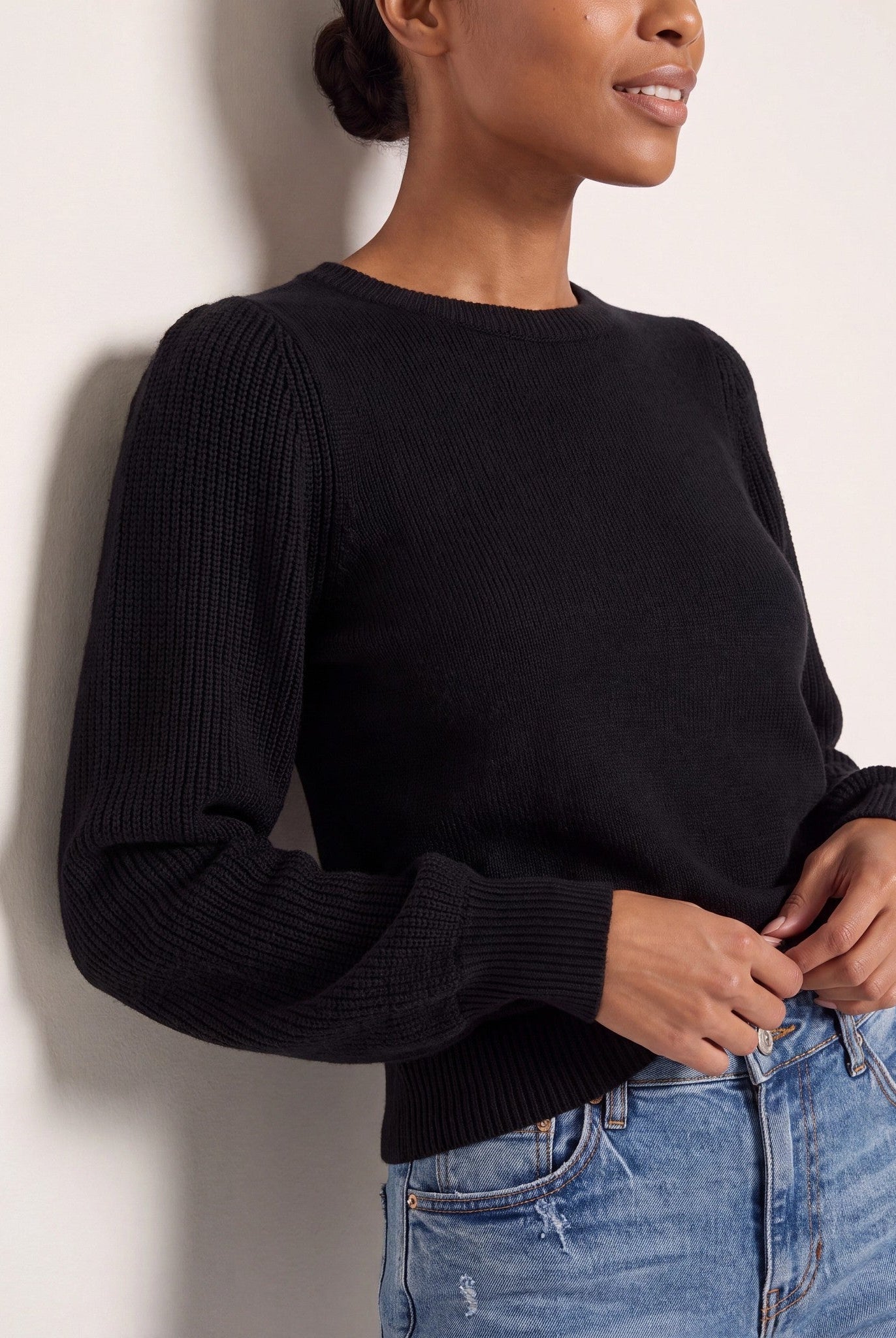 Black $|& SEAS Pacific Puff Shoulder Crew Neck Sweater - SOF Back