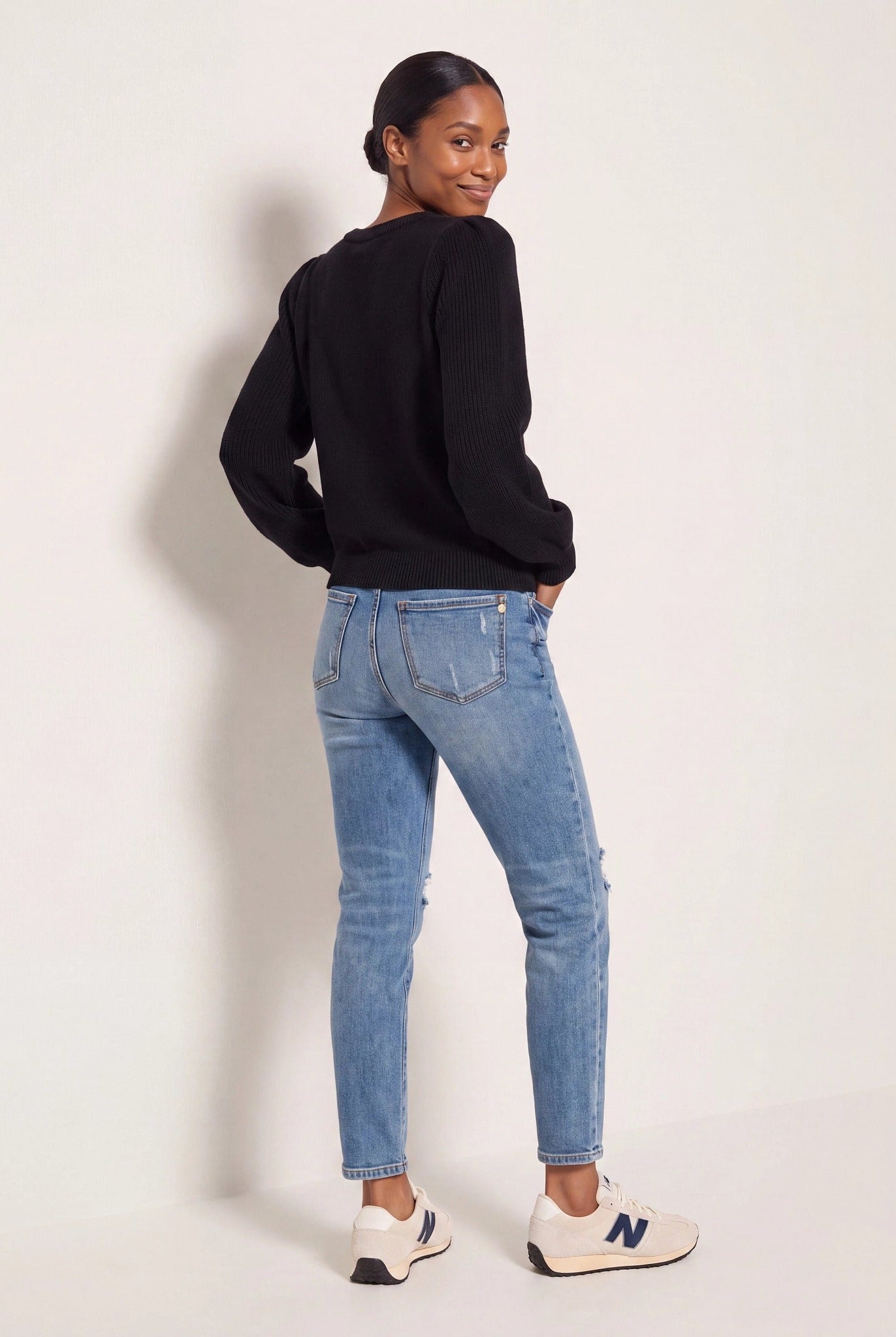 Black $|& SEAS Pacific Puff Shoulder Crew Neck Sweater - SOF Side