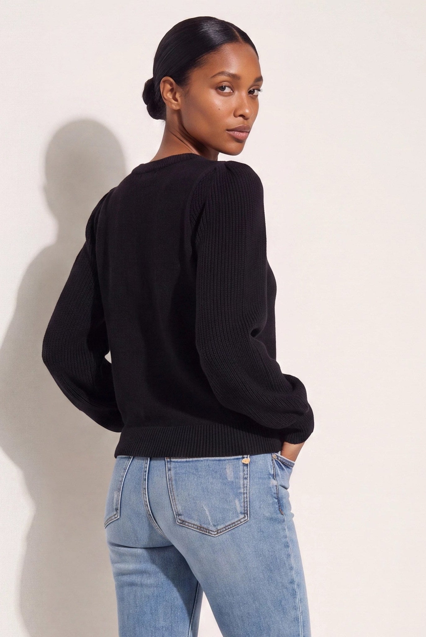 Black $|& SEAS Pacific Puff Shoulder Crew Neck Sweater - SOF Side